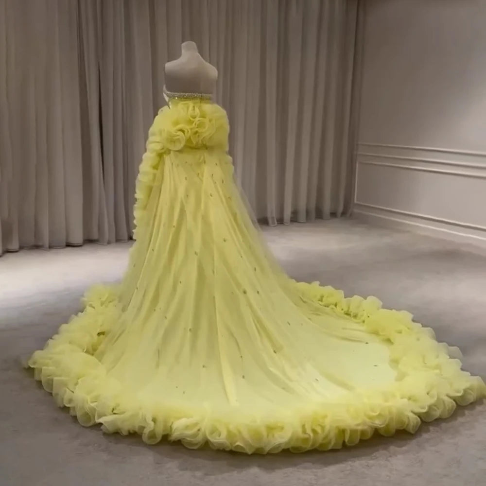 Elegant Yellow Evening Gown with Ruffles and Beaded Details for Women - Luxury Dubai Formal Dress LA72889 | Perfect for Weddings, Galas & Special Occasions
