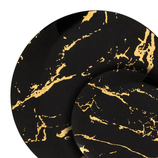 32-Piece Black and Gold Round Plastic Dinnerware Set - Elegant Disposable Plates, Bowls, Forks, Knives & Spoons (Serves 16) - Perfect for Parties, Weddings, Picnics & Outdoor Events