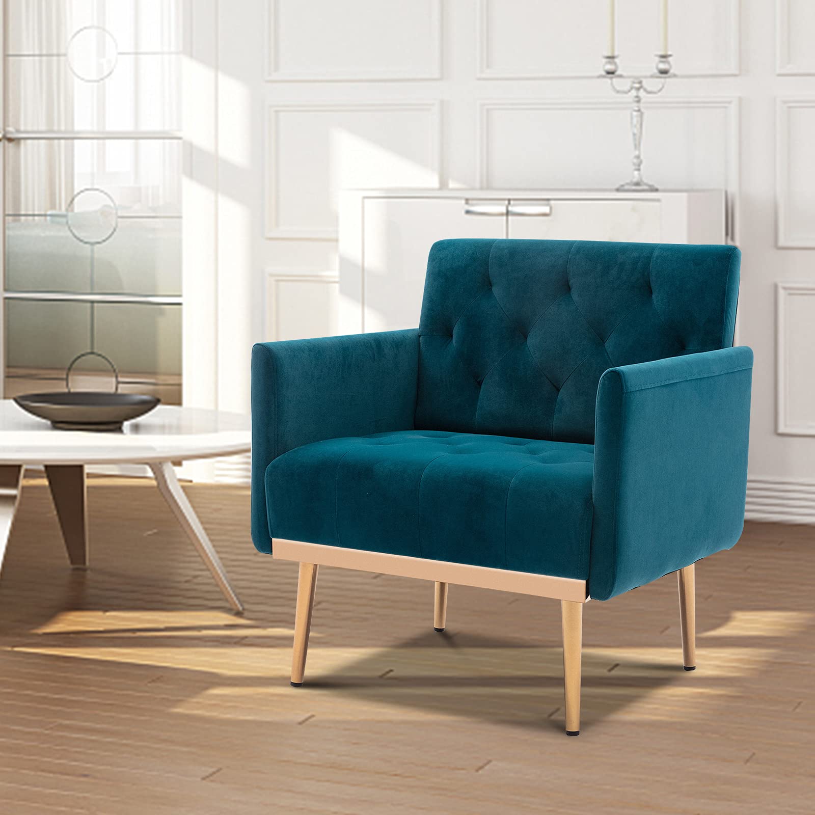 Modern Accent Fabric Armchair with Rose Gold Iron Legs - Upholstered Single Sofa Chair for Bedroom, Office & Living Room - Lake Blue Comfy Seating for Relaxing, Reading & Entertaining