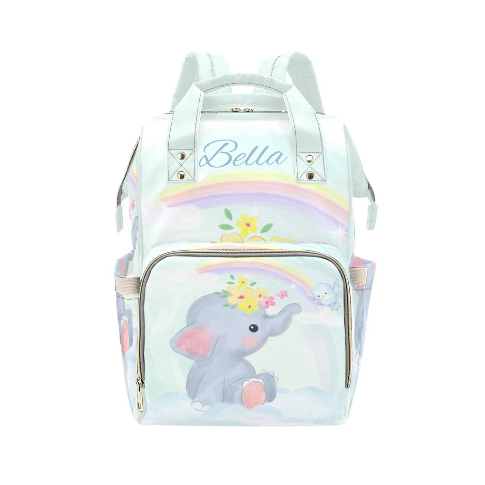 Custom Personalized Name Diaper Bag - Waterproof Nursing Tote & Mummy Backpack for Travel, Outdoor (Elephant Clouds Rainbow Design) | Perfect Baby Shower Gift & Mom Essentials for Park Outings, Shopping Trips