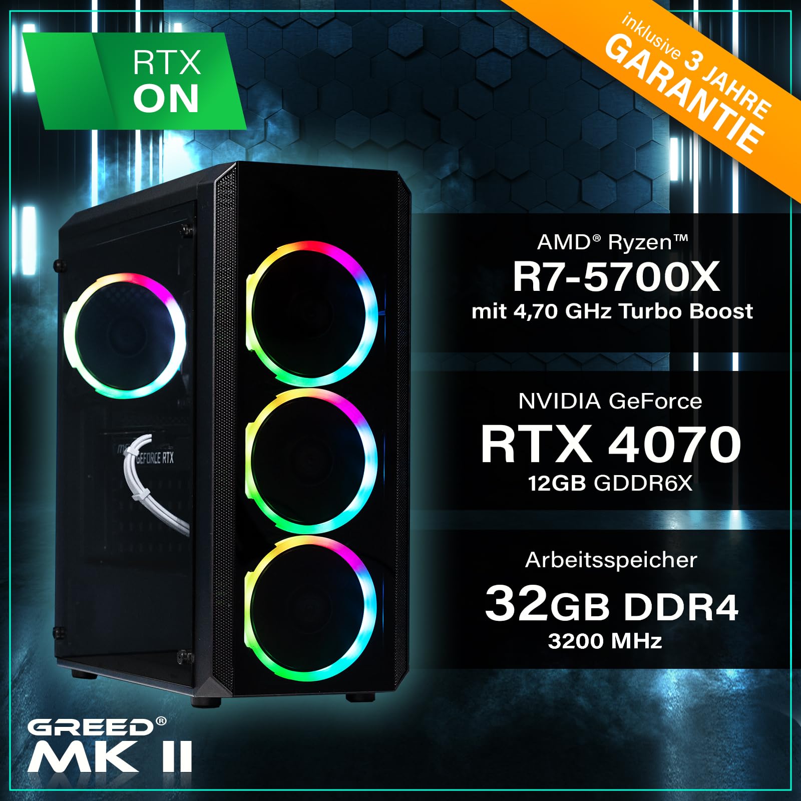 Greed® MK2 Pro Gaming PC - AMD Ryzen 7 5700X, RTX 4070 12GB, 32GB DDR4 RAM, 1TB SSD, WiFi 6, Windows 11 Pro - Ultra Fast 4K Ray Tracing RGB Gaming Desktop Computer for Esports, Streaming & VR Gaming