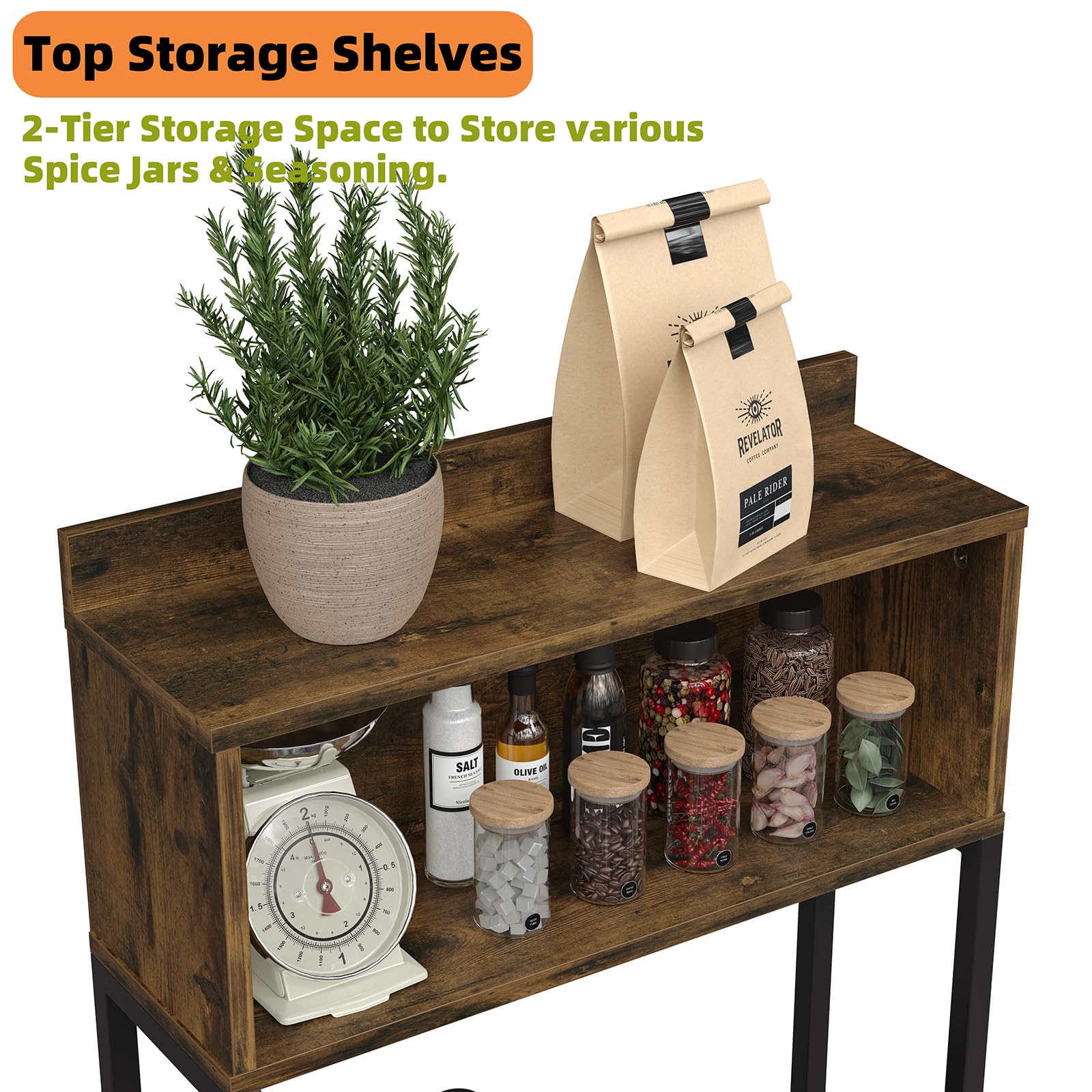 Industrial 5-Tier Kitchen Bakers Rack with Power Outlet & Storage - Rustic Brown for Coffee Bar & Microwave Stand