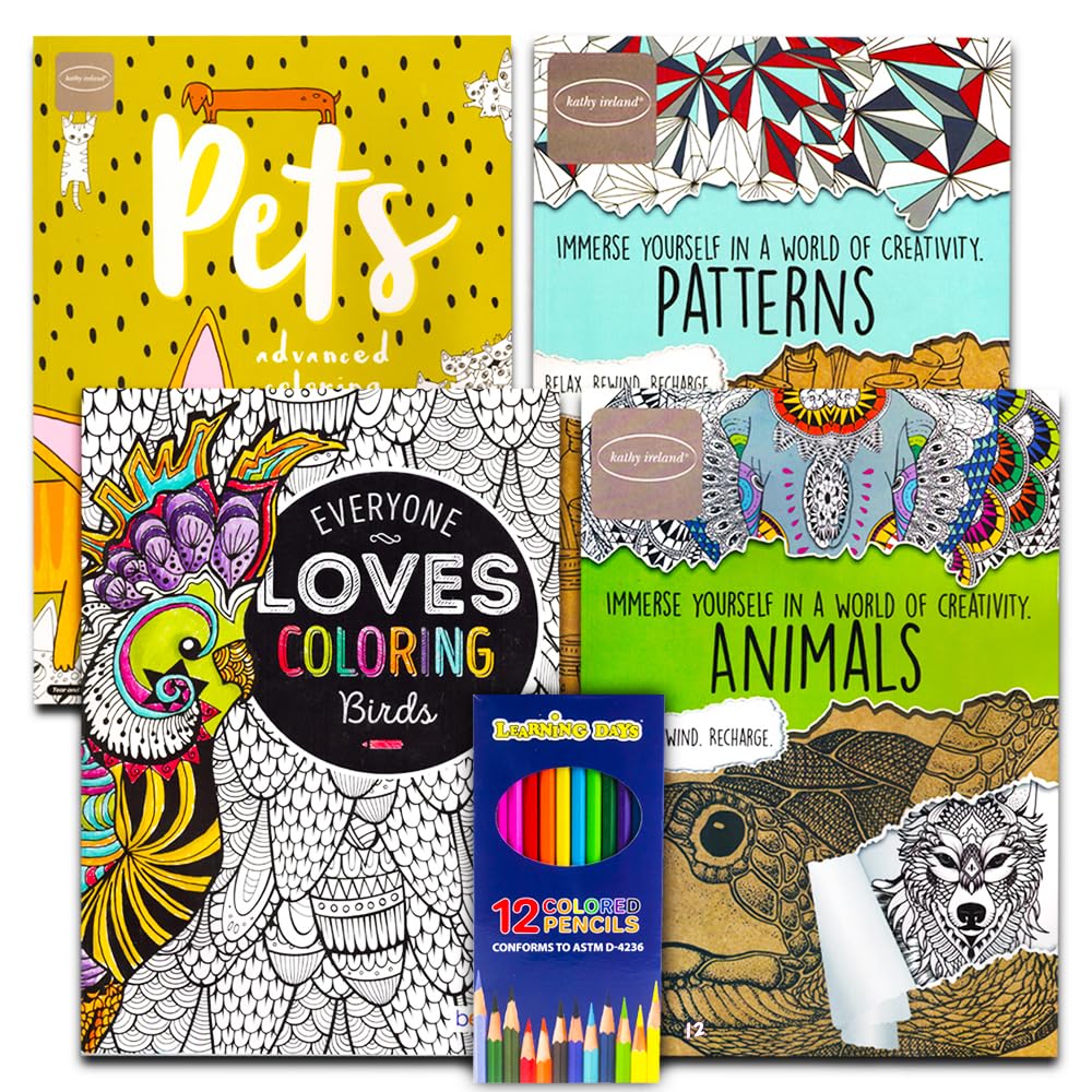 Adult Coloring Books Set with Pencils - 4 Stress Relief Books for Adults | Home Relaxation & Art Therapy
