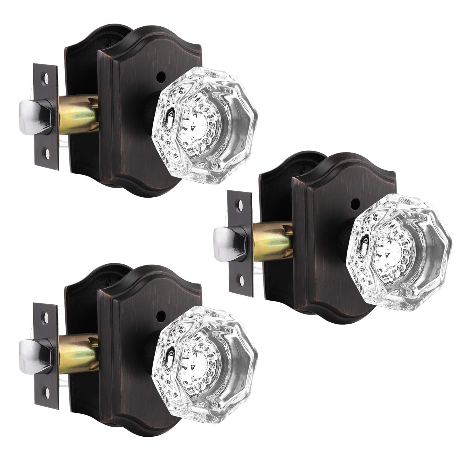 Gobrico 3-Pack Oil Rubbed Bronze Octagonal Crystal Privacy Door Lock Sets - Keyless Push Button Interior Door Knobs with Lock for Bathroom & Bedroom | Perfect for Home, Office, and Rental Properties
