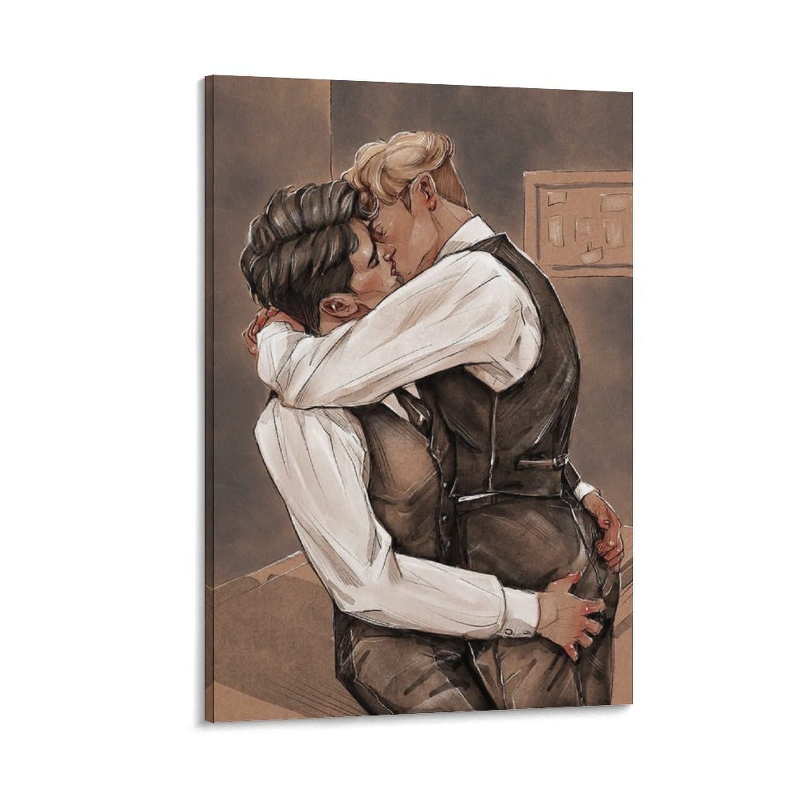 Vintage Gay Lovers Canvas Wall Art Painting - 24x36 inch (60x90cm) Romantic LGBTQ+ Poster for Living Room, Bedroom Decor - Perfect for Pride Month, Home Office & Gift Giving