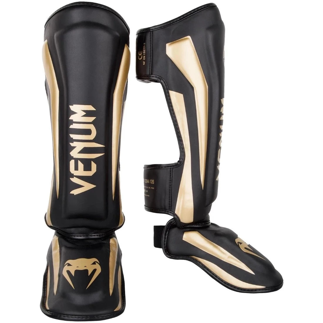 VENUM Elite Black/Gold Shin Guards - MMA, Muay Thai & Kickboxing Protective Gear for Training & Competition