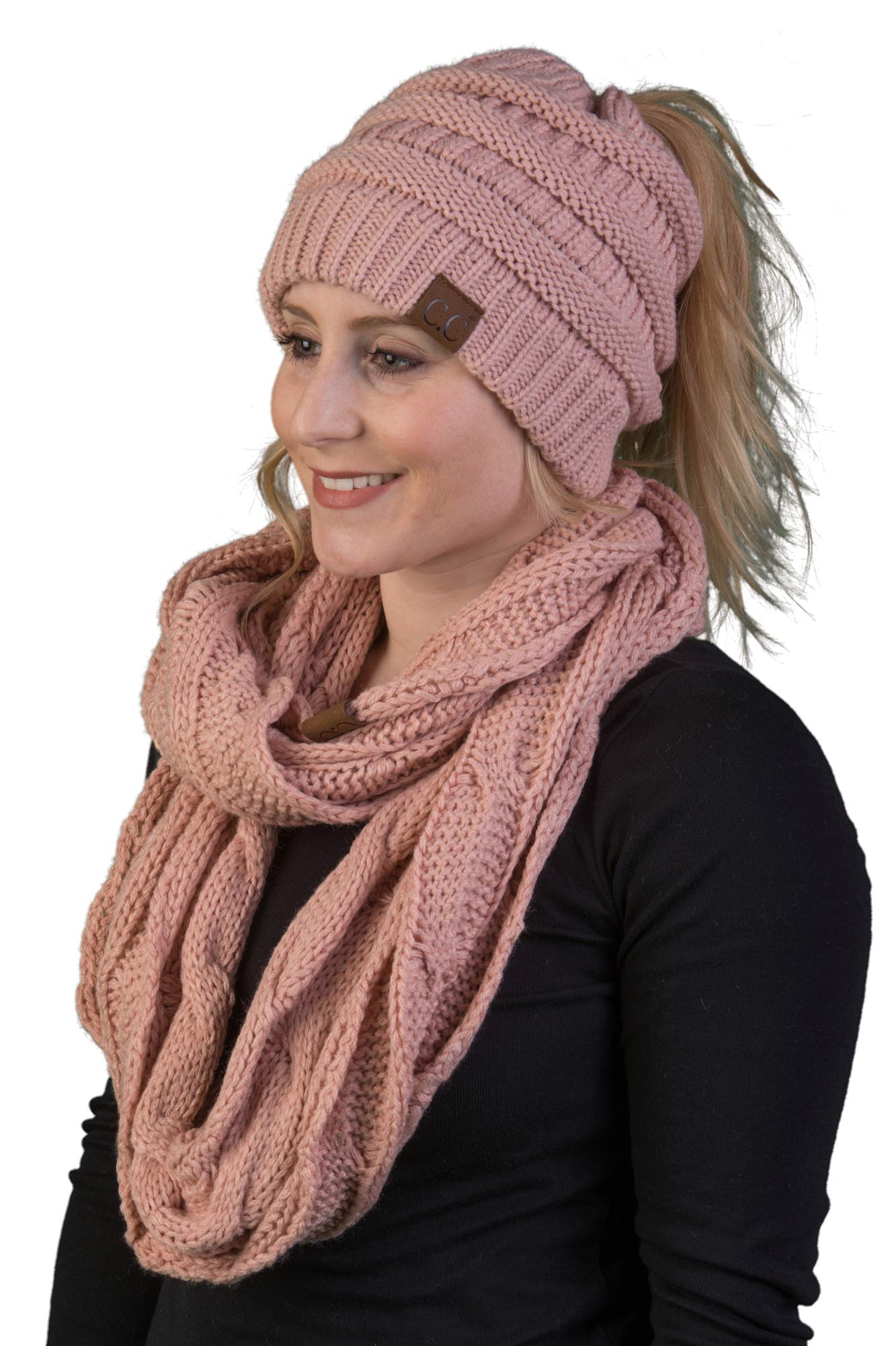 Funky Junque Matching Ponytail Beanie & Infinity Scarf Set (Pack of 2) - Indi Pink | Winter Accessories for Women, Cozy Outfit Combo for Cold Weather Fashion