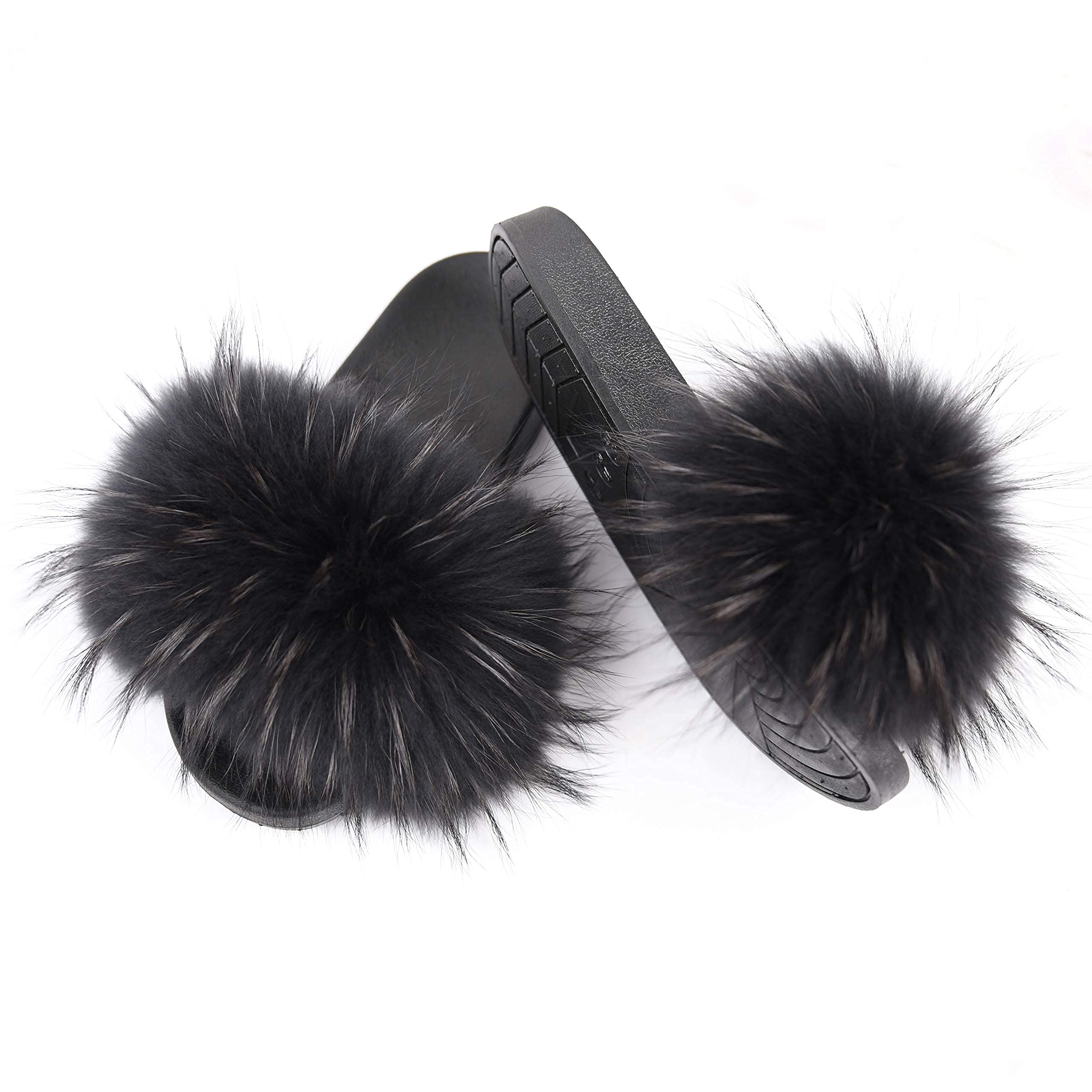 Jancoco Max Women's Fur Slide Slippers - Soft Raccoon Fur Fluffy Sandals with Open Toe, Fashionable & Comfortable House Shoes for Relaxing at Home, Lounging, or Spa Days