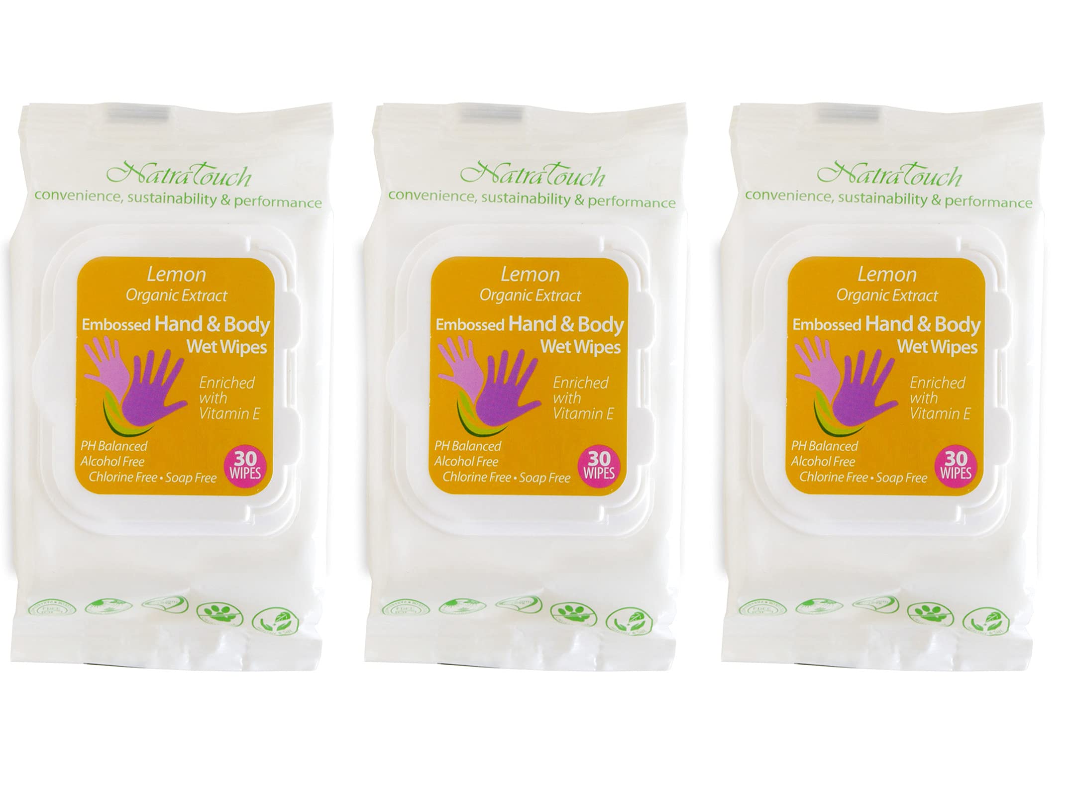 Organic Lemon Hand & Body Wipes 3-Pack with Aloe Vera Extract – Alcohol-Free, Natural & Gentle for Skin – Perfect for Travel, Gym, Baby Care & On-the-Go Hygiene