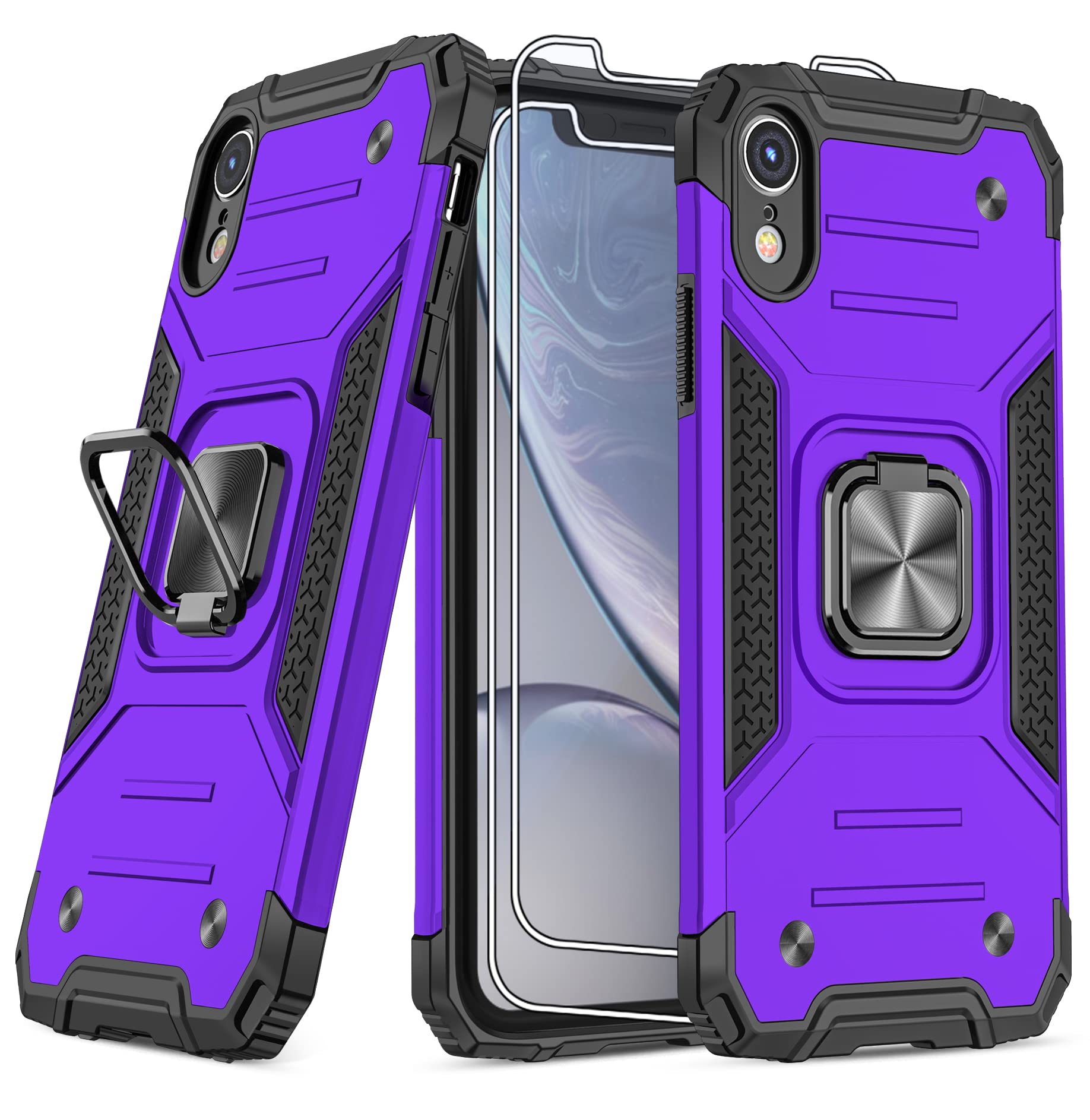 SunStory iPhone XR Case with HD Screen Protector & Magnetic Kickstand | Compatible with iPhone XR 2018 | Z-Purple Color | Perfect for Work, Travel and Everyday Protection