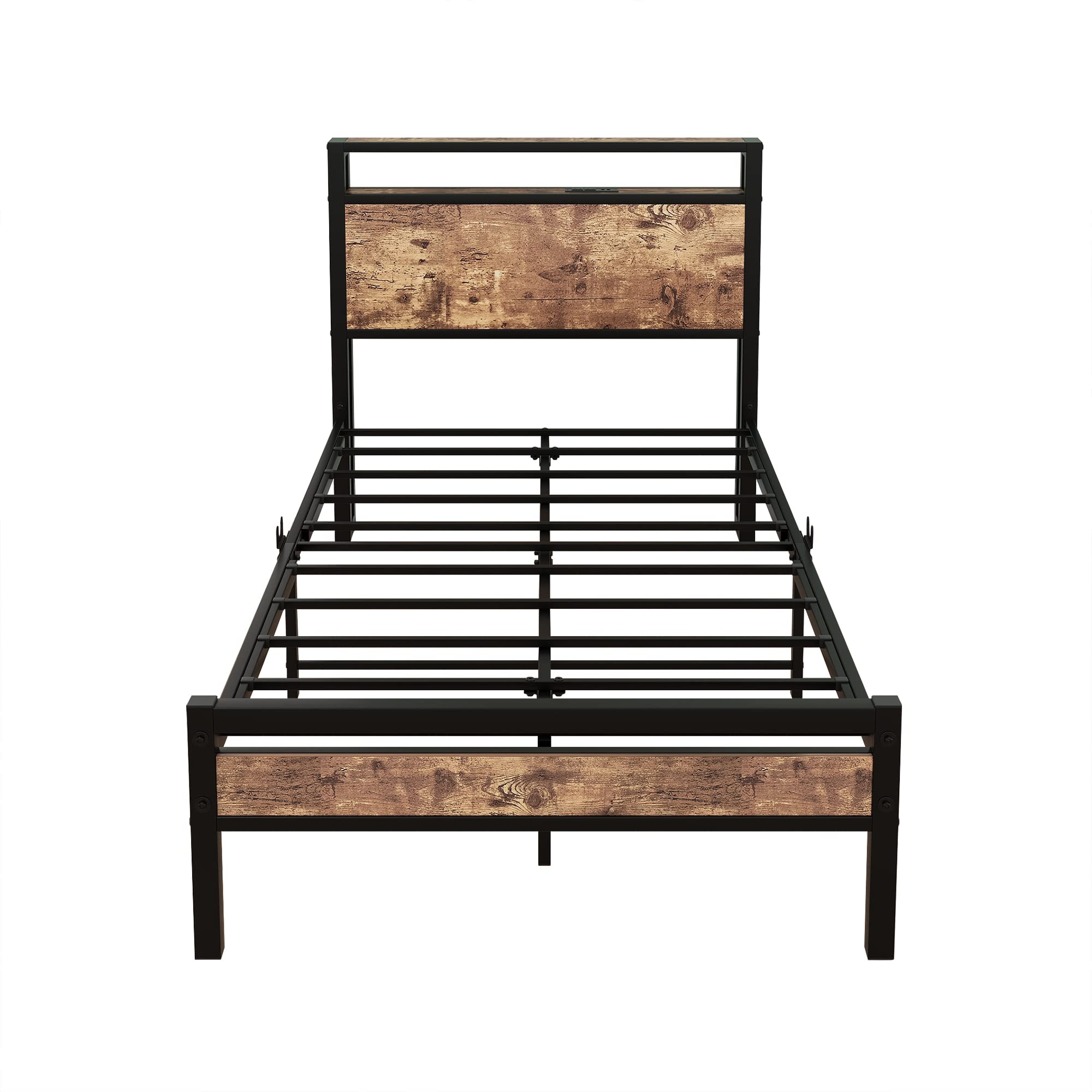 BOFENG Twin Size Metal Bed Frame with Storage Headboard & USB Charging - Heavy Duty Platform Bed with Steel Slats, No Box Spring Needed - Easy Assembly Brown Bed Base for Small Spaces, Dorms & Guest Rooms