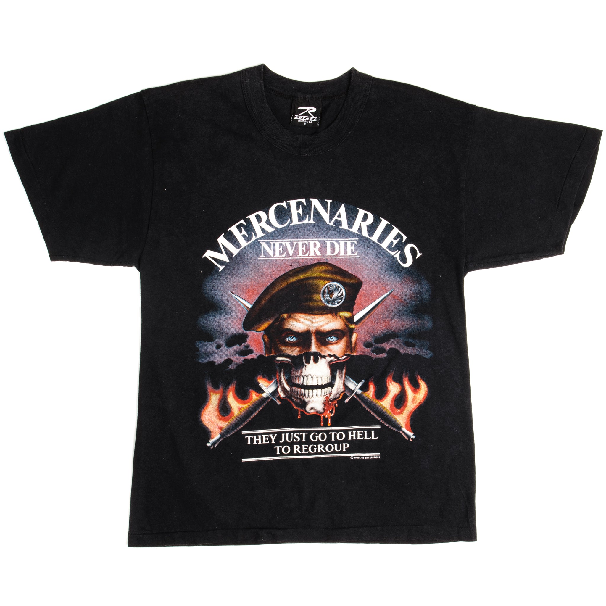 Vintage Mercenaries Never Die T-Shirt 1988 Retro Graphic Tee | Small Size | 100% Cotton Made in USA | Casual Wear & Street Style Outfit
