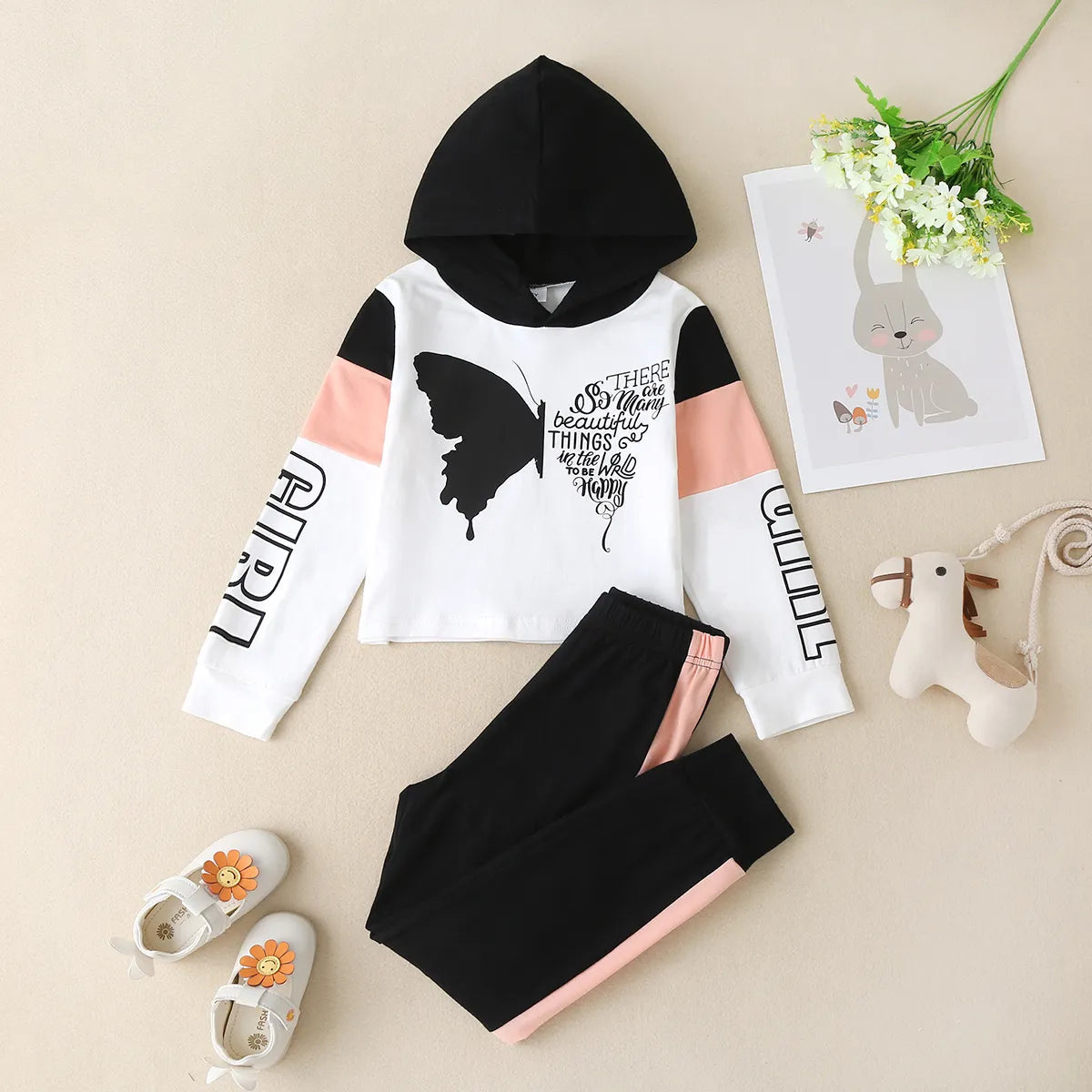 Butterfly Print Hooded Sweater and Pants Set for Girls & Boys - Long Sleeve Loose Fit Fashion Outfit for Sports, Home & Travel - Cozy Kids Lounge Wear for Playdates, School & Outdoor Activities