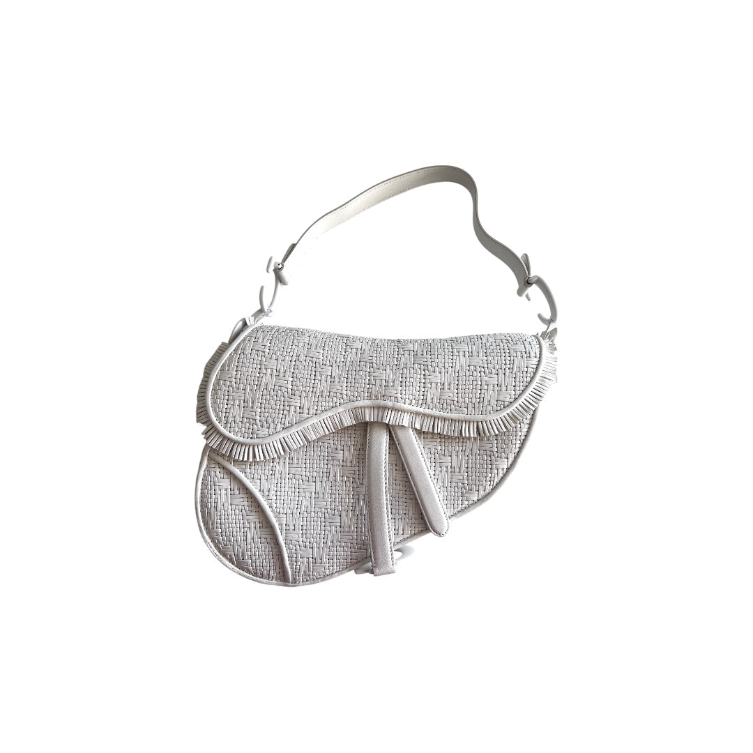 Dior White Leather Woven Saddle Bag for Women - Luxury Designer Handbag for Everyday Use, Work, and Special Occasions