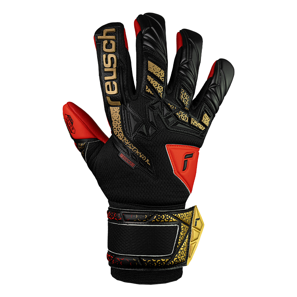 Reusch Attrakt Freegel Silver GK Gloves - Professional Goalkeeper Gloves for Soccer (Black/Gold/Fiery Red) - Perfect for Training & Match Play