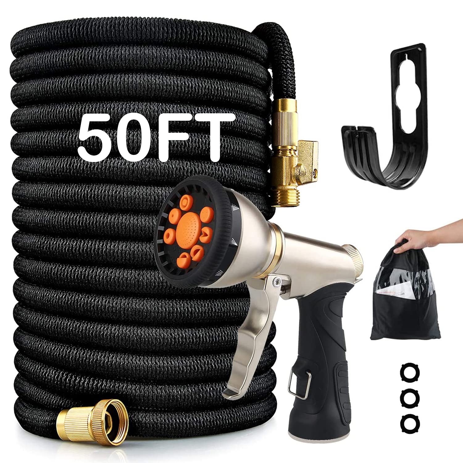 Expandable Garden Hose 50FT - Heavy Duty 9 Function Spray Nozzle with 3/4