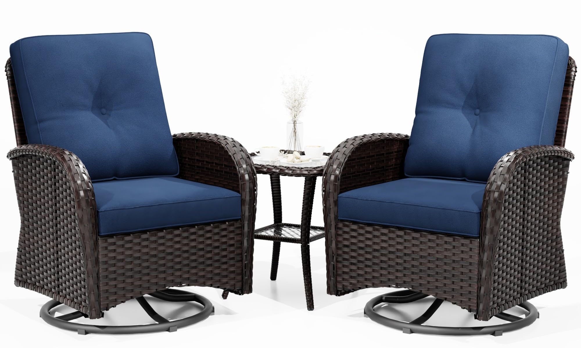 Joyside 3-Piece Outdoor Swivel Rocker Chair Set with Thick Cushions & Side Table - Brown/Blue Rattan Wicker Patio Furniture for Porch, Deck, Garden, Poolside & Backyard Relaxation