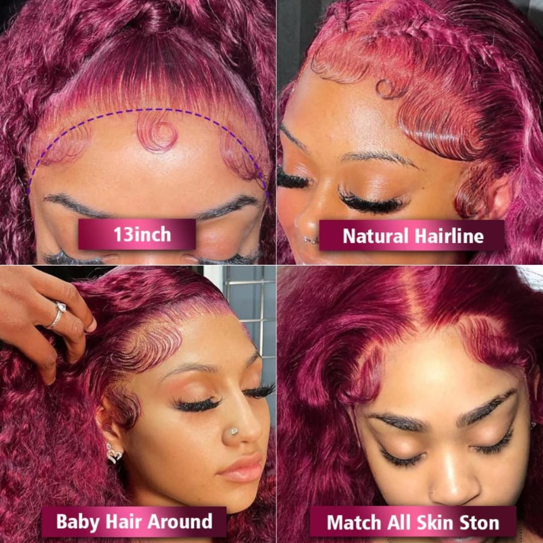 24 Inch Burgundy 99J Lace Front Wig Human Hair - 13x4 Deep Wave, 200% Density, Pre-Plucked, Glueless - Perfect for Cosplay, Parties, and Everyday Wear