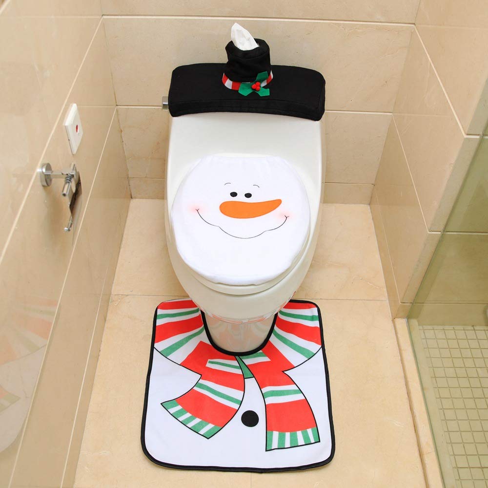Christmas Snowman Toilet Seat Cover, Bathroom Rug & Tissue Box Cover Set - 3-Piece Holiday Decor for Home, Festive Bathroom Accessories (Perfect for Christmas Decorations & Gift Giving)