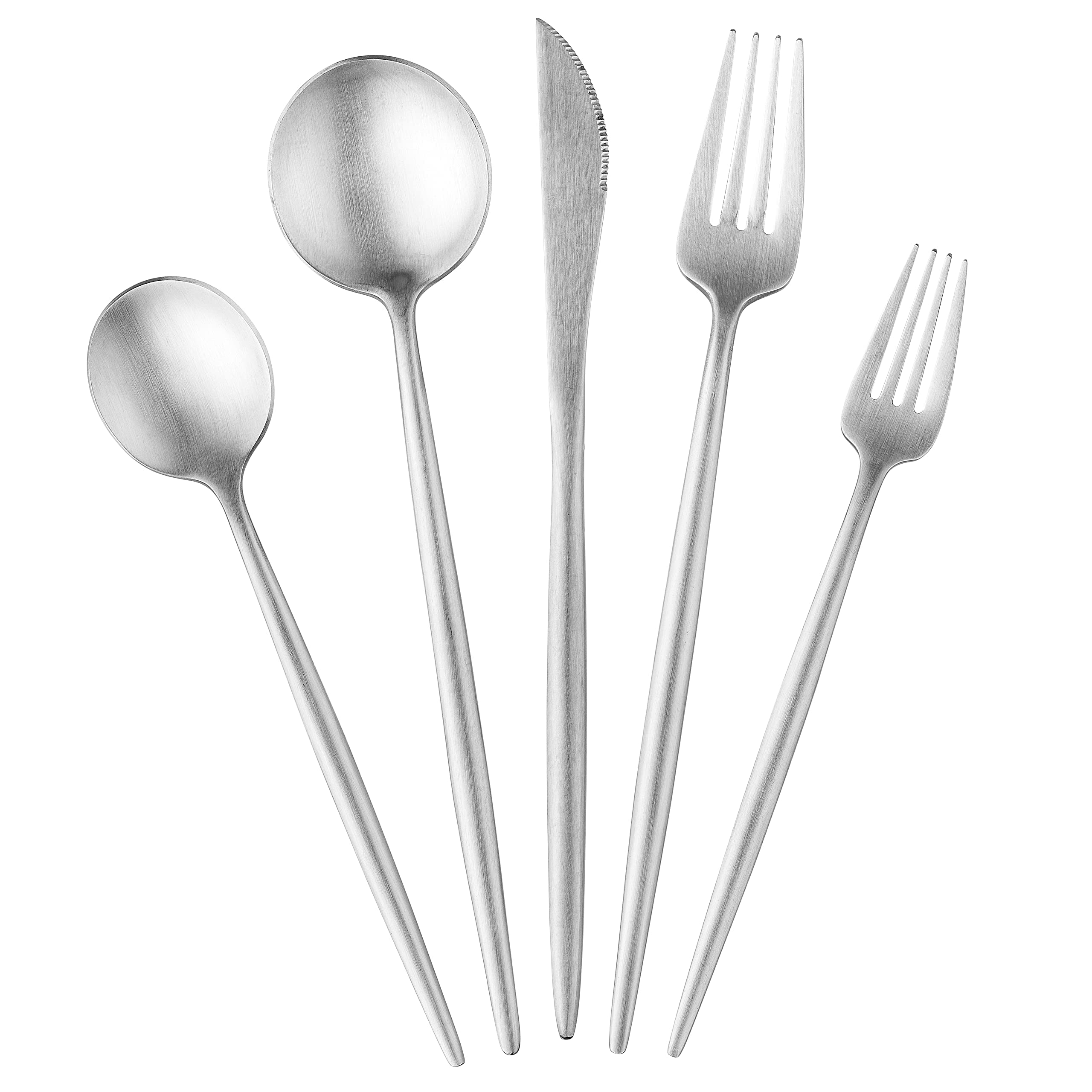 Premium 18/10 Stainless Steel Flatware Set - 20-Piece Brushed Silver Silverware for 4 - Modern Matte Cutlery Set with Long Handles for Fine Dining, Weddings & Dinner Parties - Vikko Decor Elegant Tableware