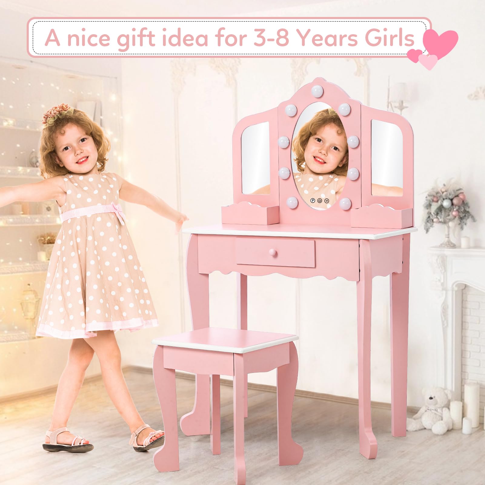 Kids Vanity Set with 3 Mirrors & Drawer - Wooden Makeup Playset with Lights for Girls Ages 4-9 | Pretend Play Dress-Up Toy | Birthday Gift for Toddlers & Preschoolers (Pink)