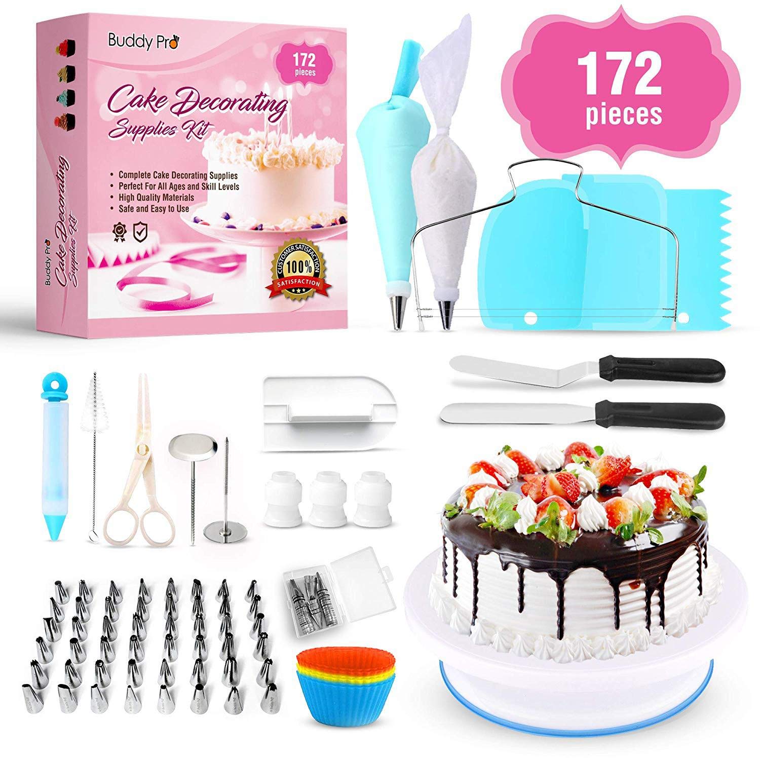 172 Pcs Cake Decorating Kit with Piping Bags, Turntable, Icing Spatula & Russian Nozzles - Professional Baking Tools Set for Beginners & Cake Lovers - Perfect for Birthday Cakes, Wedding Cakes & Home Baking Decorations