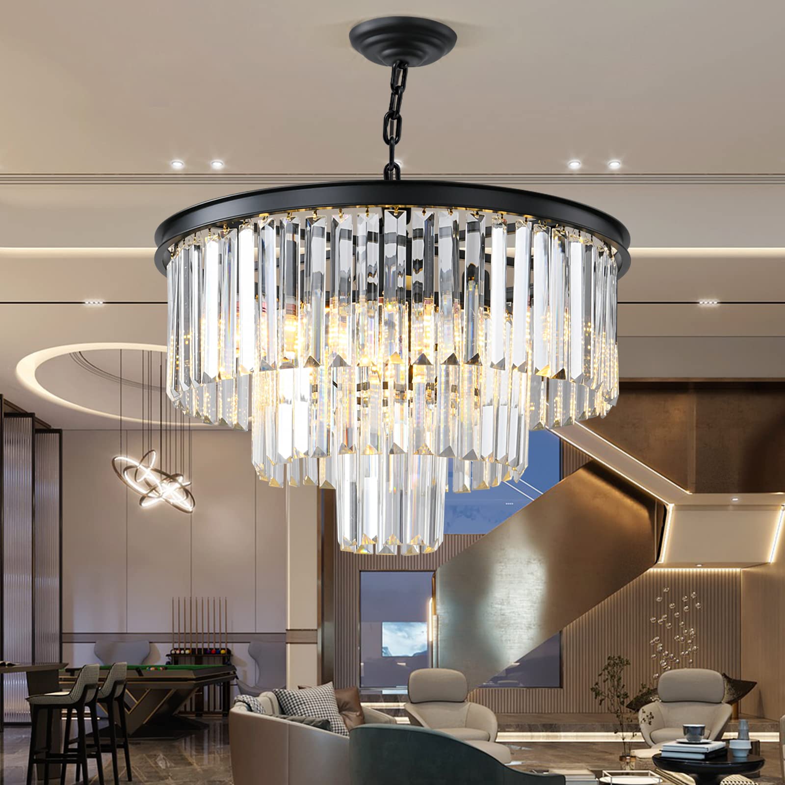 Modern Black Crystal Chandelier - 3-Tier Round Flush Mount Ceiling Light with Adjustable Height, Elegant Pendant Lighting for Dining Room, Living Room, Bedroom, Kitchen & Hotel Foyer | Perfect for Home Decor, Wedding Venues and Luxury Interior Design