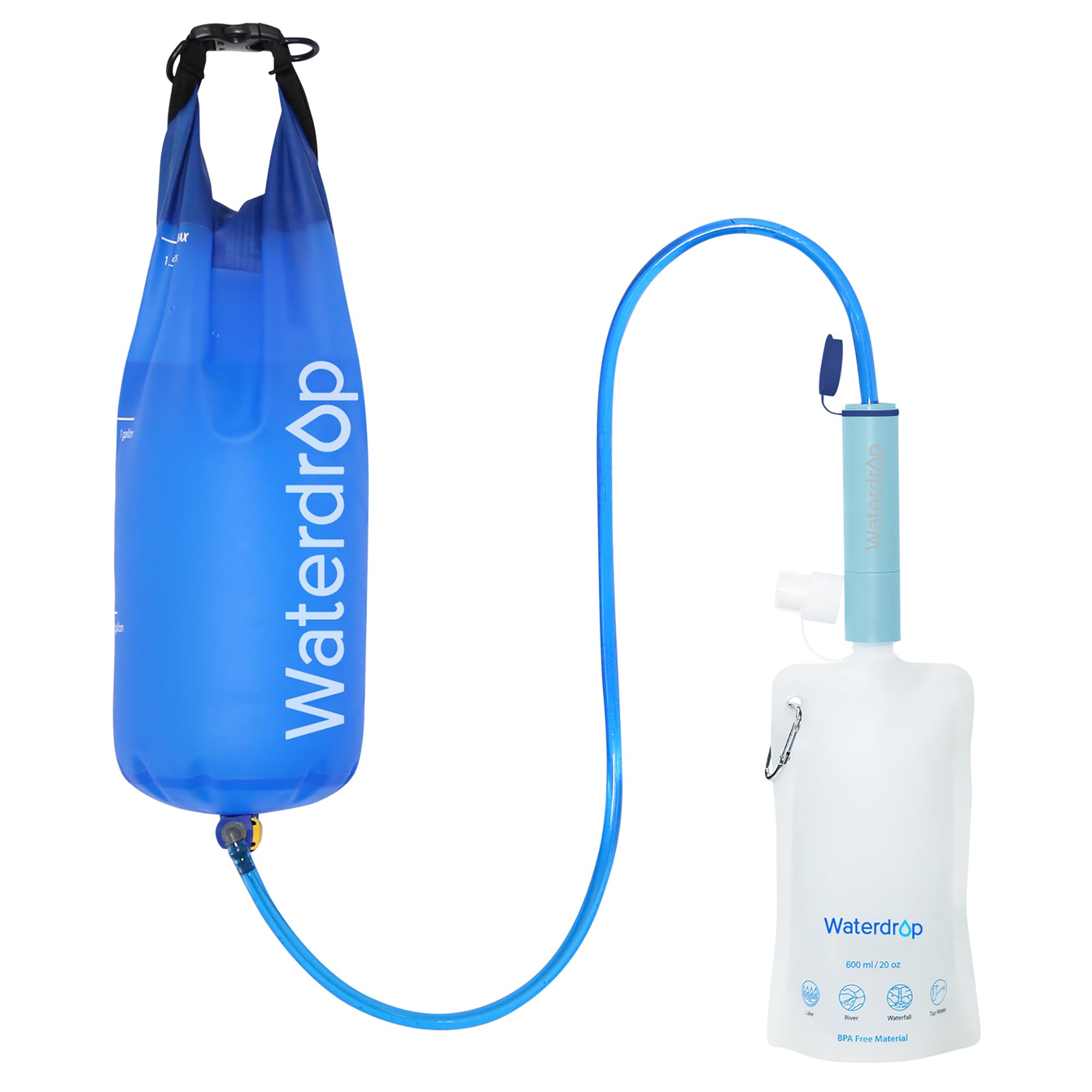 Waterdrop Gravity Water Filter Straw - Portable 0.1 Micron Camping Water Purifier System with 1.5 Gallon Bag for Hiking, Backpacking, Emergency Preparedness & Outdoor Survival (Light Blue) | Perfect for Camping Trips, Travel Adventures & Emergency Kits