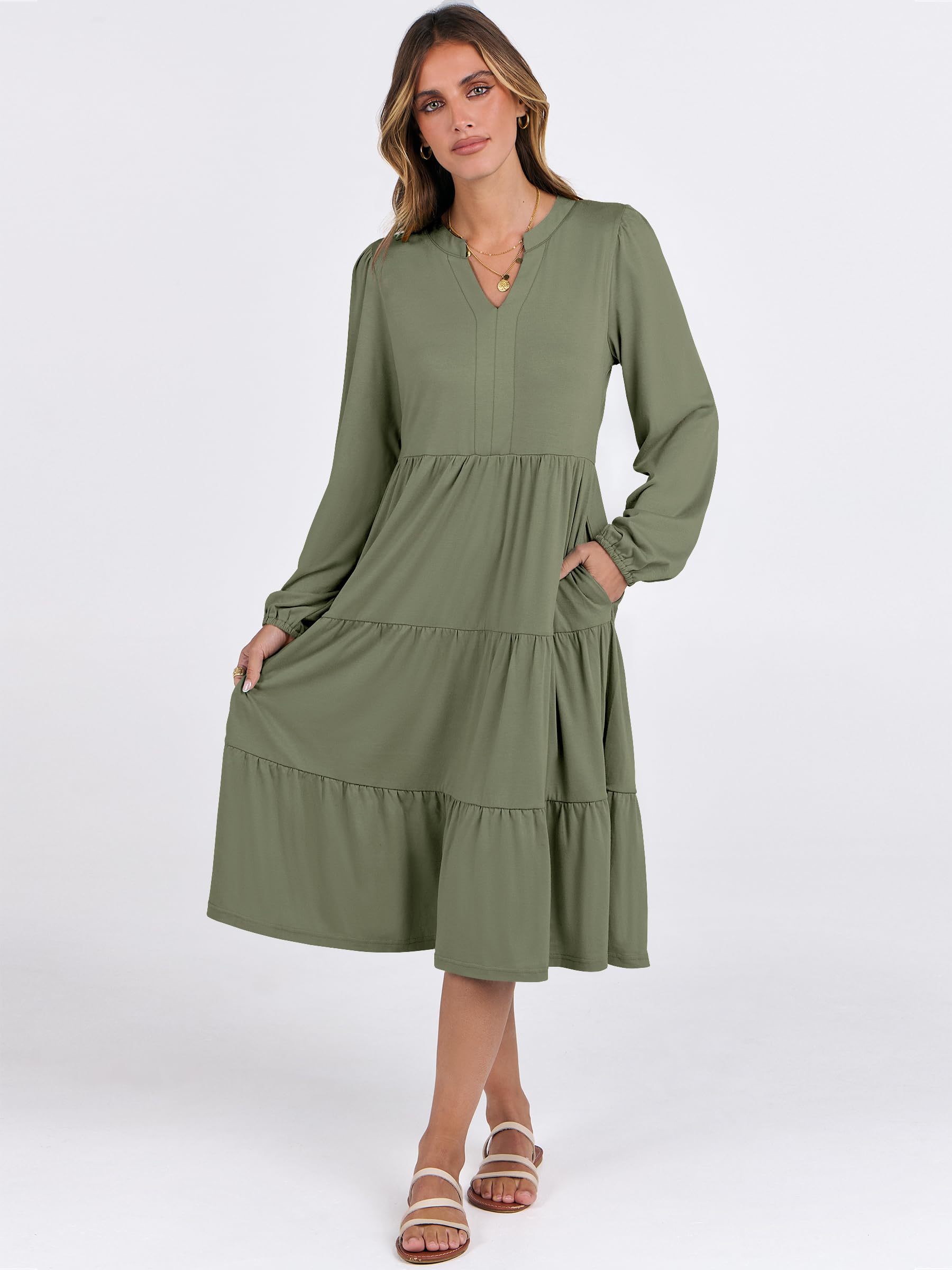 ANRABESS Women's Long Sleeve V-Neck Flowy Swing Dress - Casual Loose Fit Tiered Midi Dress for Spring 2025 | Perfect for Vacation, Beach, Date Night & Everyday Wear
