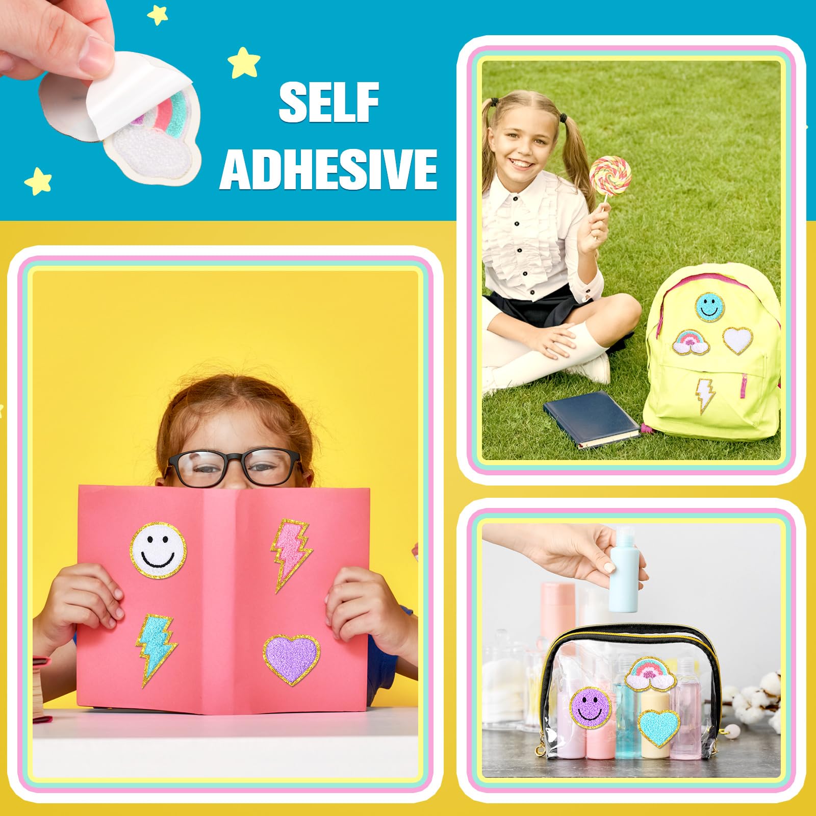 80 Pcs 3D Cute Embroidered Iron-On Patches - Rainbow, Lightning, Smile Face & Heart Designs - Self-Adhesive Fabric Applique for DIY Clothing, Jackets, Jeans (Multiple Styles) - Perfect for Customizing Kids' Outfits, Denim Jackets & Backpacks
