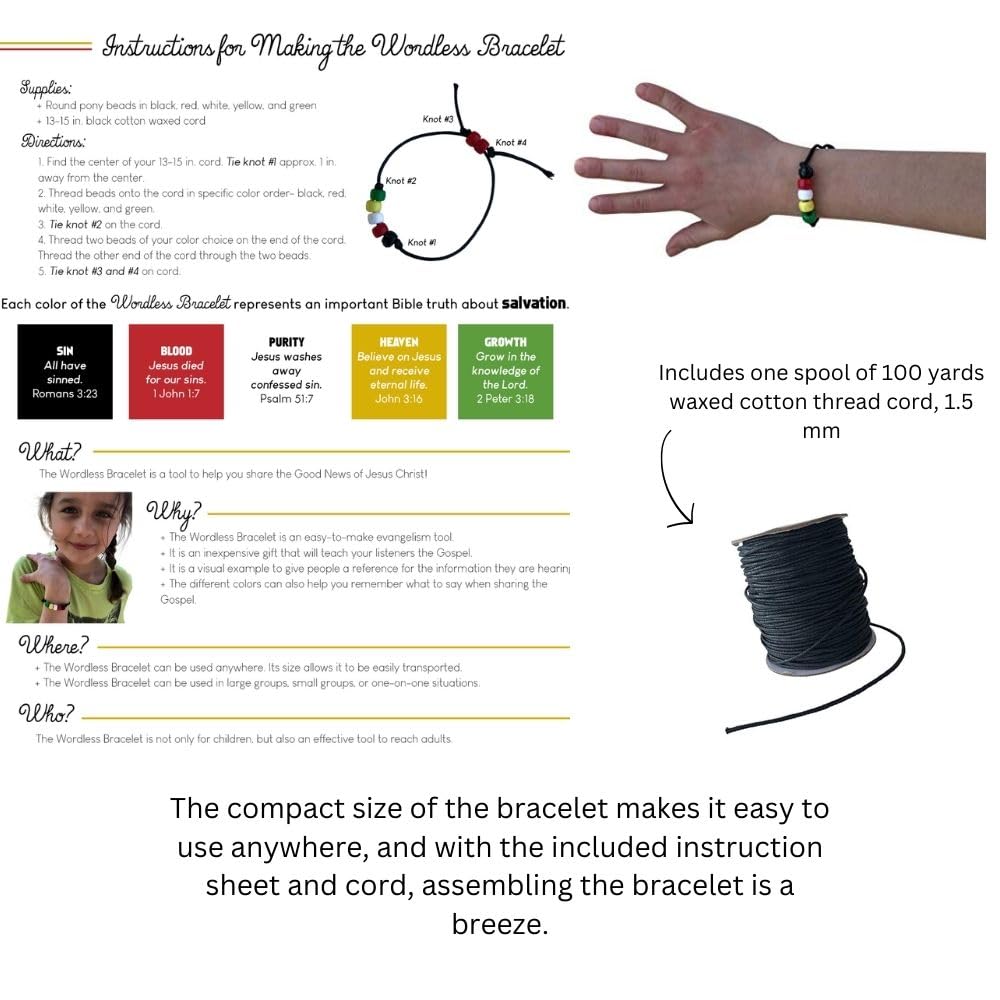 Smalltown Home 4500-Piece DIY Wordless Bracelet & Bookmark Craft Kit - 5 Pack with 9mm Opaque Plastic Beads (Black/White/Red/Green/Yellow), 900 Beads Each, 100 Yards Waxed Cotton Thread & 200 Bookmarks - Perfect for Jewelry Making, Scrapbooking, Party Favors & DIY Gifts