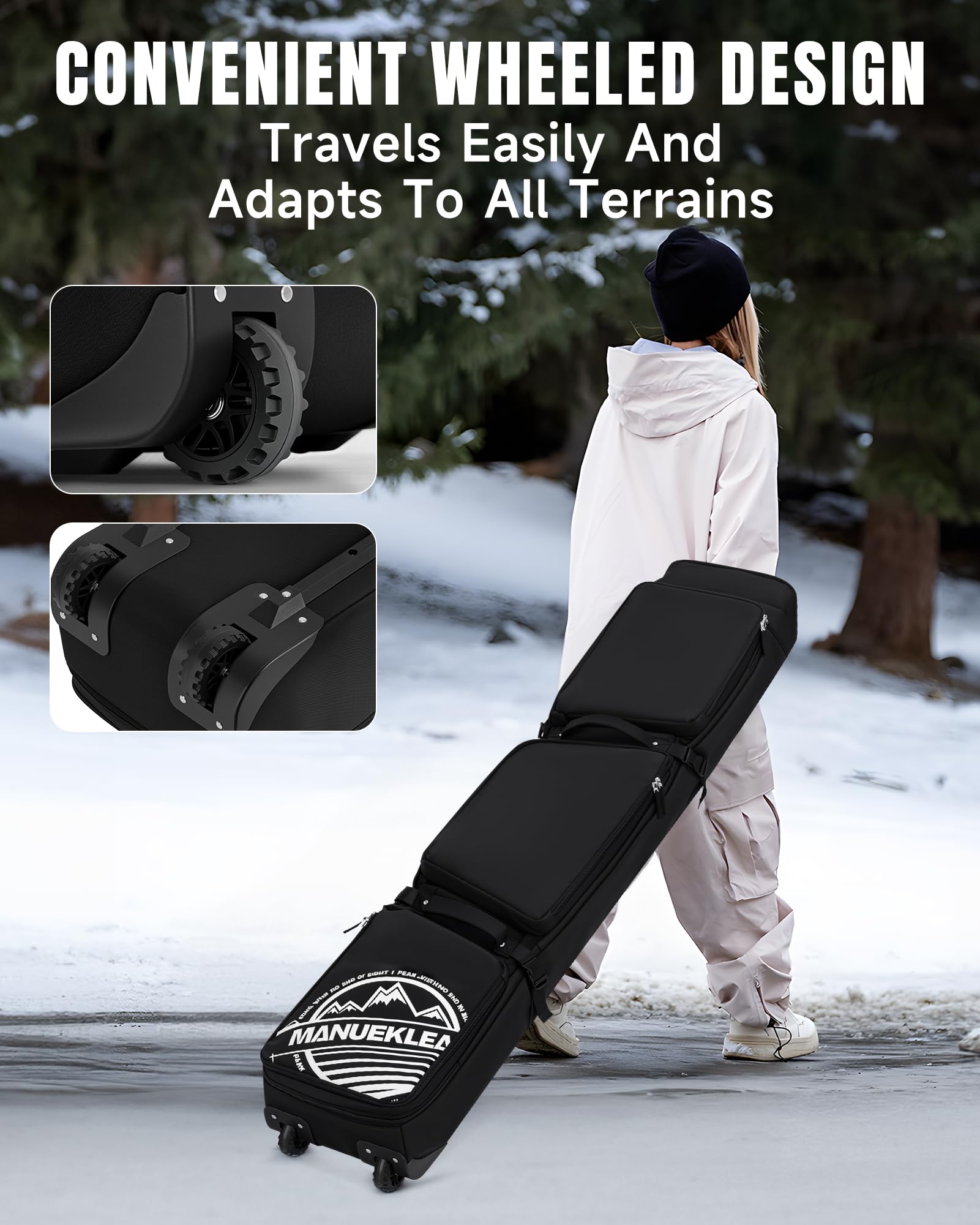 MANUEKLEAR Rolling Ski Travel Bag - Waterproof & Durable Snowboard Carrier for Skis 170-190cm with Wheels, Padded Protection & Detachable Shoulder Straps | Perfect for Air Travel, Mountain Resorts & Winter Sports Gear Storage