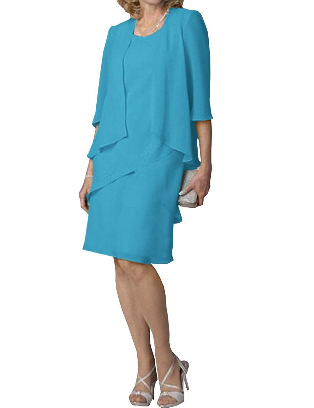 Elegant Mother of The Bride Dress - Short Formal Evening Gown with 3/4 Sleeve Chiffon Jacket & Tiered Skirt | Perfect for Weddings, Cocktail Parties & Special Occasions