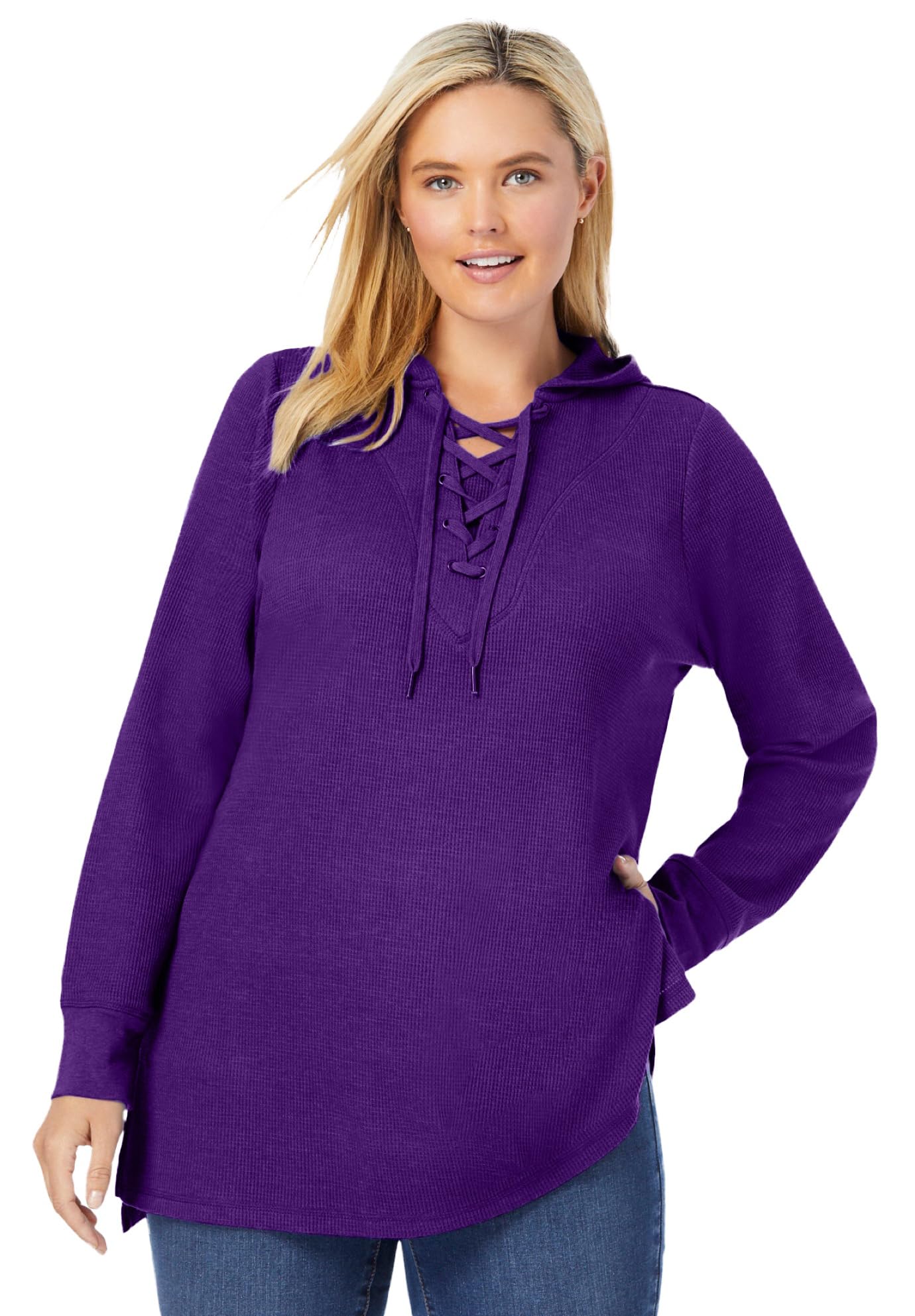 Woman Within Women's Plus Size Waffle-Thermal Lace-Up Hoodie - Cozy Fleece-Lined Pullover for Winter & Fall - Perfect for Casual Outfits, Lounging & Outdoor Activities