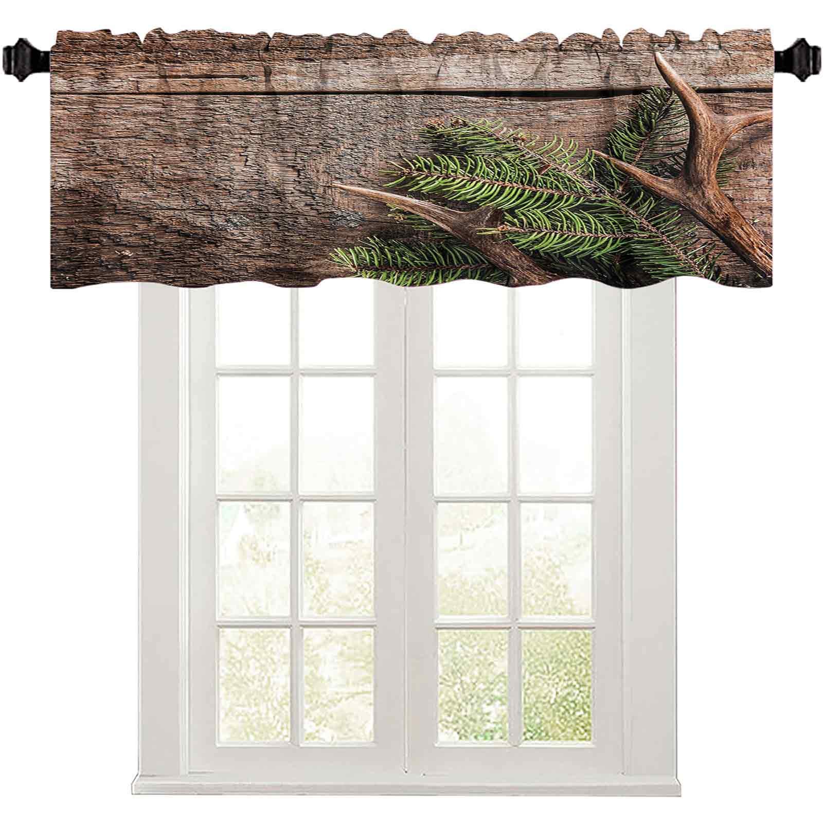 Rod Pocket Valance Curtains - Evergreen Deer Antler Rustic Wood 36x18in for Kitchen Windows