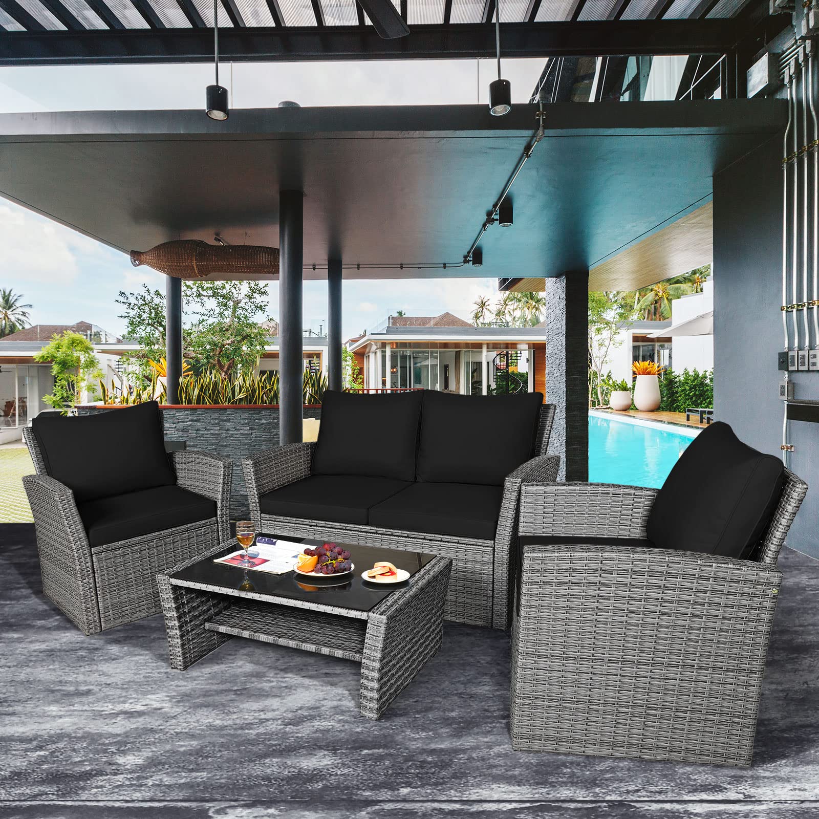 Tangkula 4-Piece All-Weather Outdoor Patio Furniture Set - Black Rattan Sectional Sofa with Cushions & Tempered Glass Table - Durable Wicker Conversation Set for Backyard, Garden, Poolside, Deck or Patio Relaxation