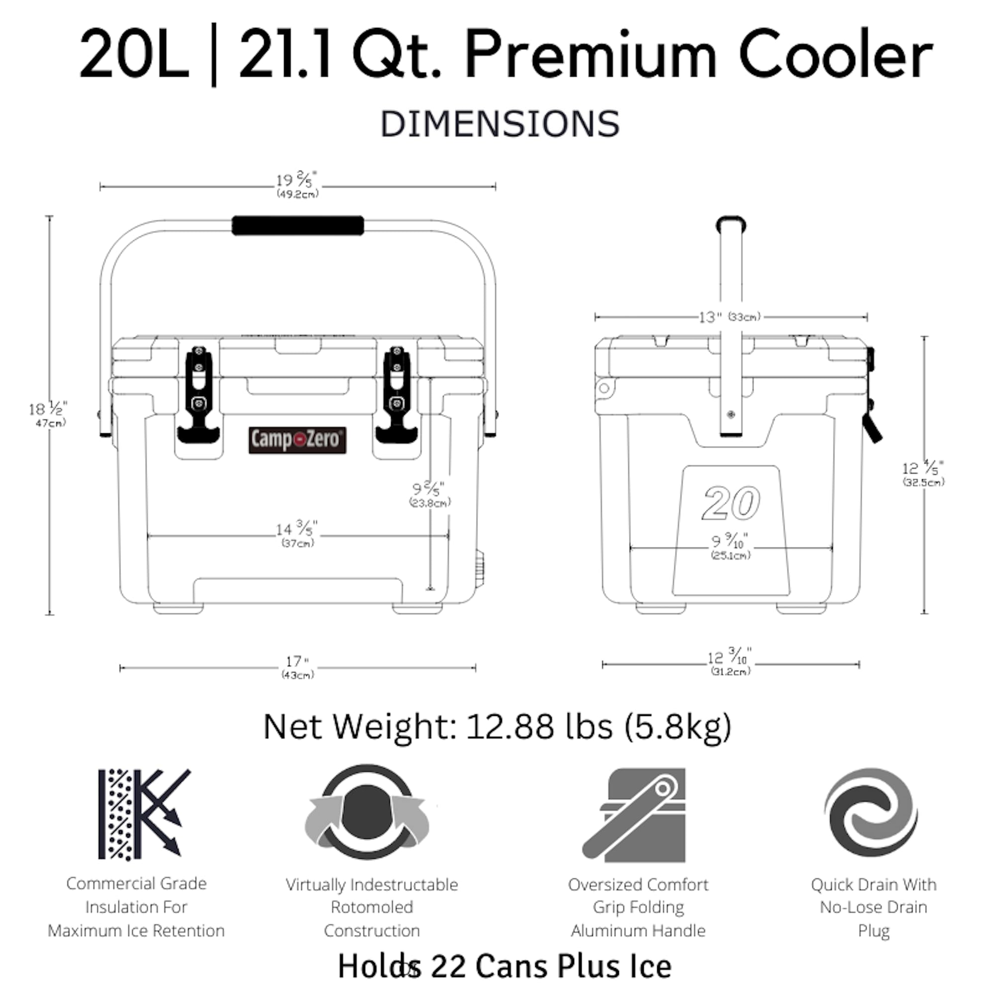 CAMP-ZERO 21 Quart Rotomolded Hard Cooler - Heavy Duty Insulated Ice Chest with 4 Cup Holders - Bear Proof Cooler for Camping, Fishing, BBQ, Tailgating & Outdoor Adventures - Keep Drinks Cold for Days on Road Trips, Beach Days & Backpacking