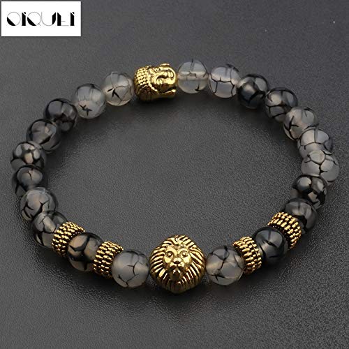 Ochoos Gold Buddha & Lion Head Beaded Bracelet - Lava Onyx Natural Stone Stretch Yoga Bracelet for Men & Women - Spiritual Jewelry for Meditation, Yoga & Daily Wear (Metal Color: AB057)