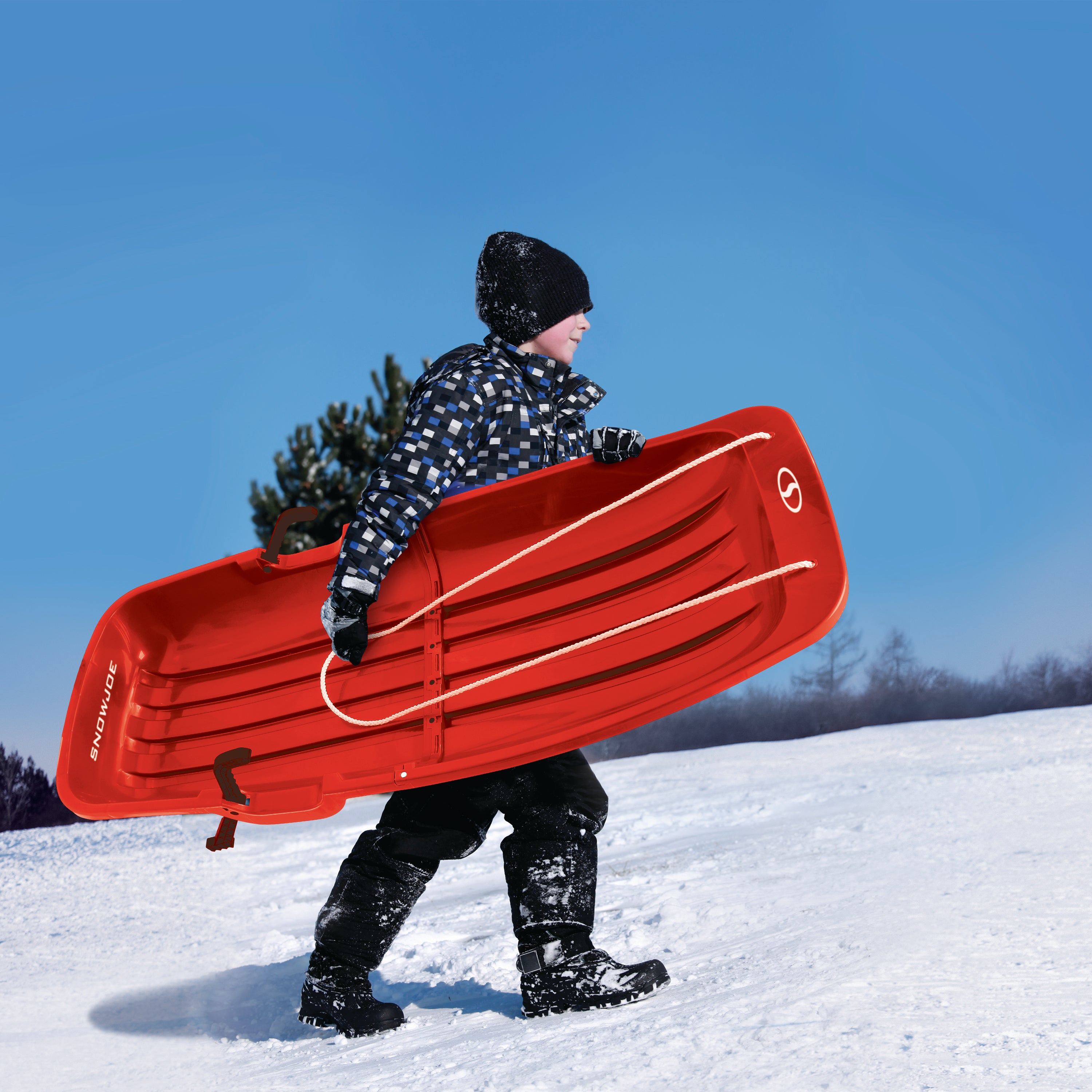Snow Joe SJ SLD48 RED 48-Inch Snow Sled for Kids Ages 4+ | 2-Person Capacity | Heavy-Duty Plastic Design | Perfect for Winter Fun, Snow Tubing & Backyard Sledding Adventures