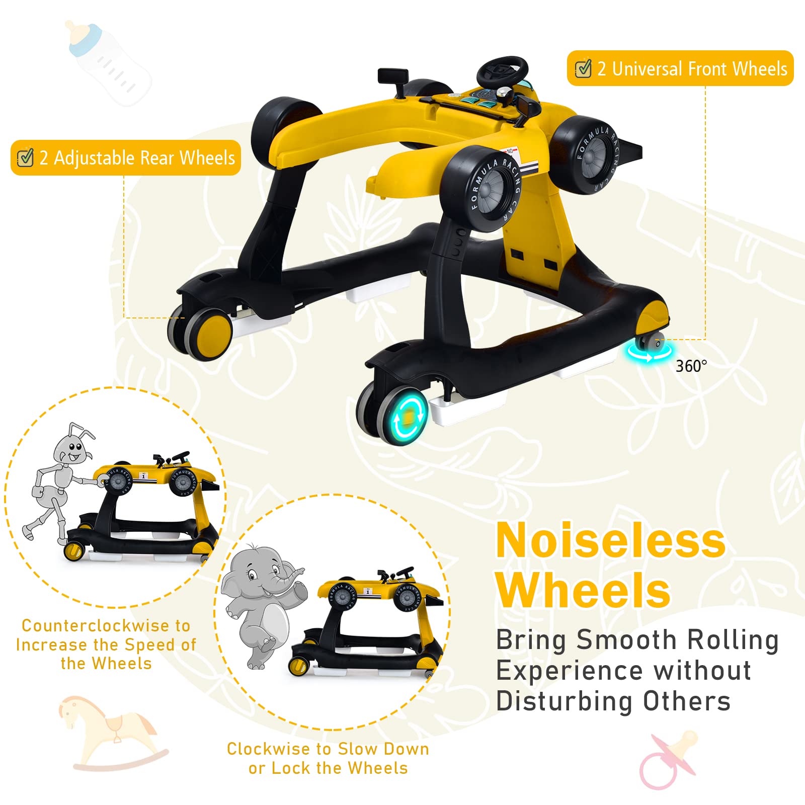 BABY JOY 4-in-1 Foldable Baby Walker with Adjustable Height & Speed - Interactive Music, LED Lights, Anti-Rollover Safety Design - Toddler Push Walker with Wheels for Boys & Girls 6-18 Months (Yellow) - Perfect for Learning to Walk, Indoor Play & Early Childhood Development