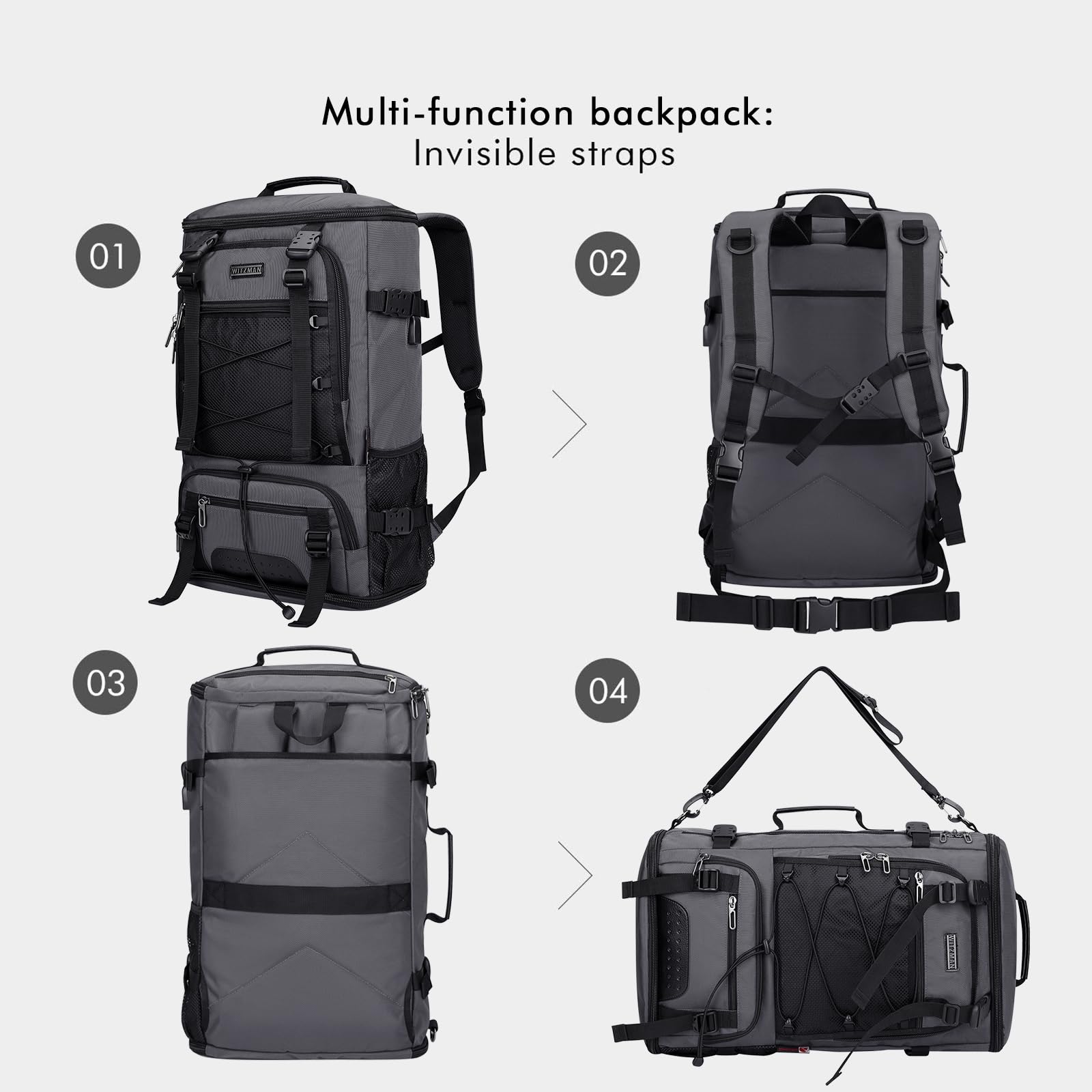 WITZMAN Large Travel Backpack for Men - Convertible Carry-On Laptop Backpack with Shoe Compartment Fits 17 Inch Laptop (B689 Silvery Grey) - Perfect for Business Trips, Gym & Weekend Getaways