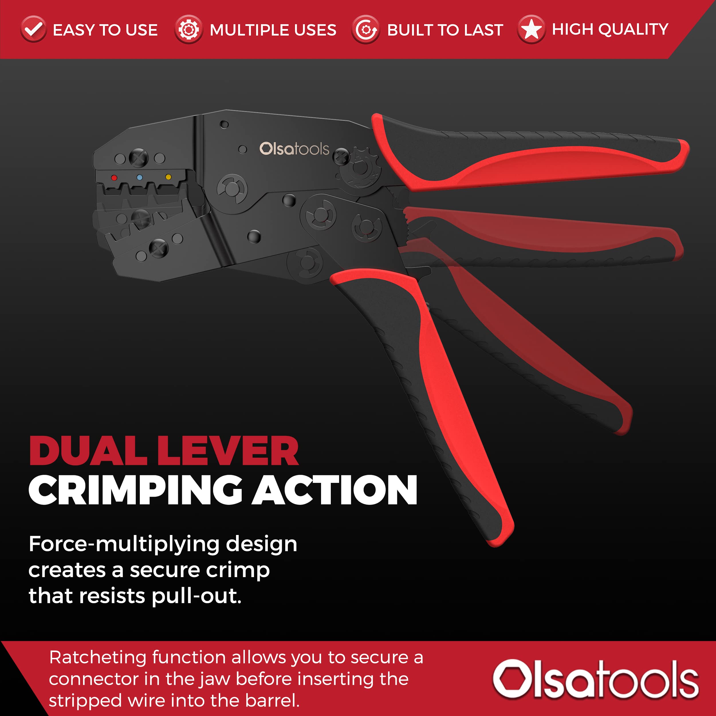 Olsa Tools Ratcheting Wire Crimper - Professional Terminal Crimping Tool for Wire Connectors, Butt Connectors, Spade Connectors & Insulated Electrical Connectors | Ideal for Electrical Work, DIY Projects & Automotive Wiring Repairs