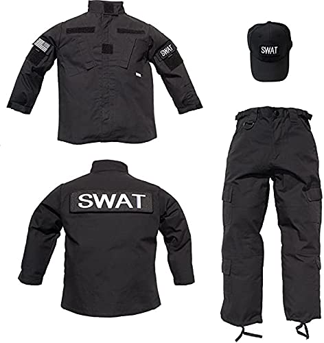 Kids 7-Piece Black Tactical SWAT Ripstop Uniform Set - Unisex Military Costume for Halloween, Airsoft, Cosplay & Role Play