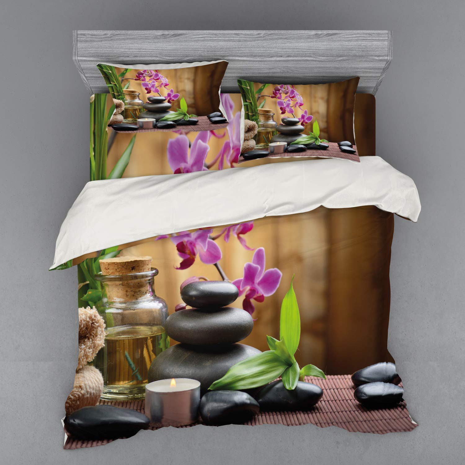Ambesonne 4-Piece Spa Duvet Cover Set - King Size Purple Black Green Healing Stones & Flowers Print Bedding with Shams & Fitted Sheet | Relaxing Bedroom Decor for Stress Relief & Meditation Retreat