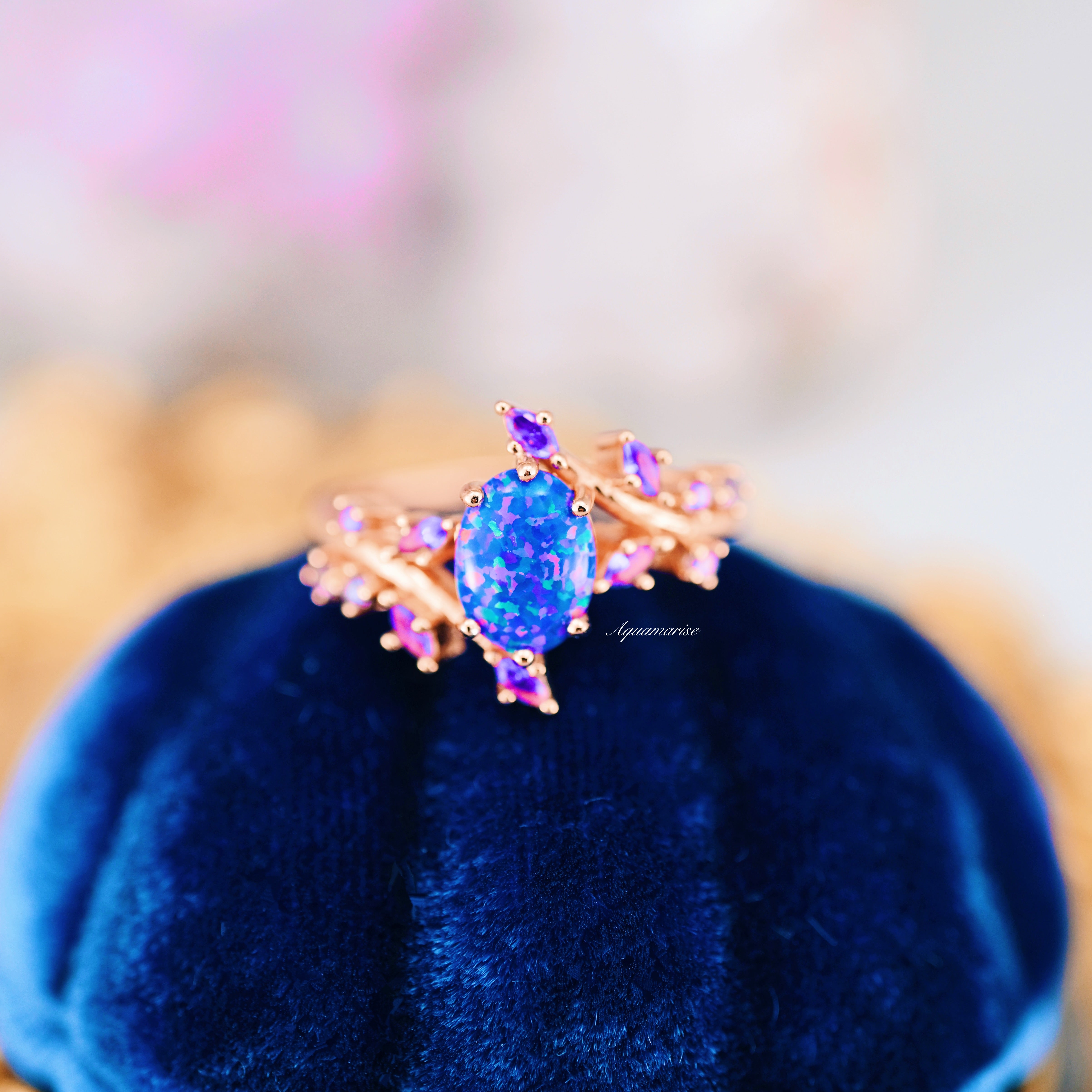 Starry Night Van Gogh Inspired Blue Fire Opal & Cornflower Sapphire Ring - 14K Rose Gold Vermeil Jewelry for Women - Perfect for Evening Parties, Weddings & Special Occasions