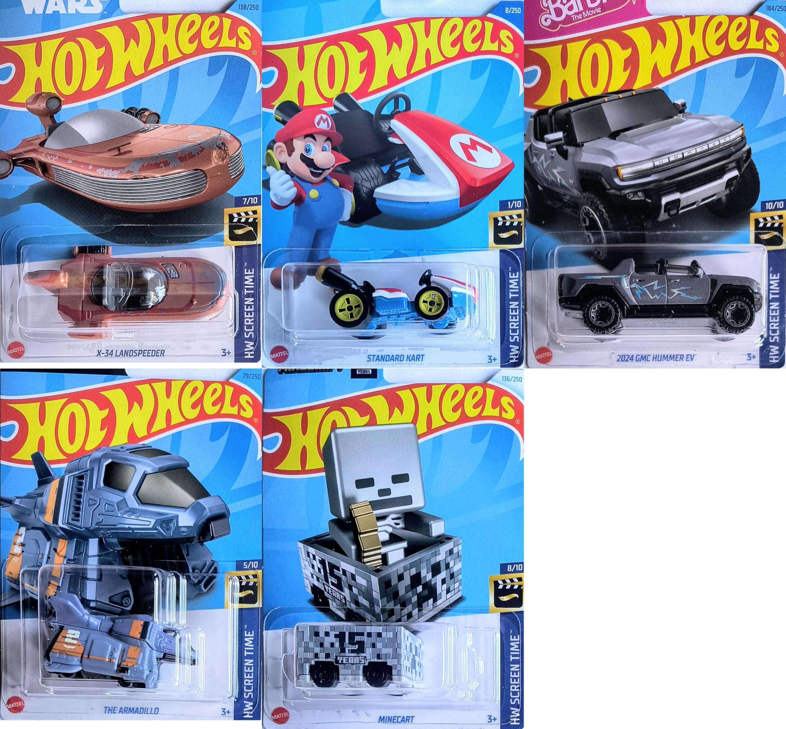 Hot Wheels HW Screen Time 5 Car Bundle Set Version 2 - Diecast Toy Cars for Kids Collection & Play - Perfect for Birthday Gifts, Playroom Decor, and Racing Games