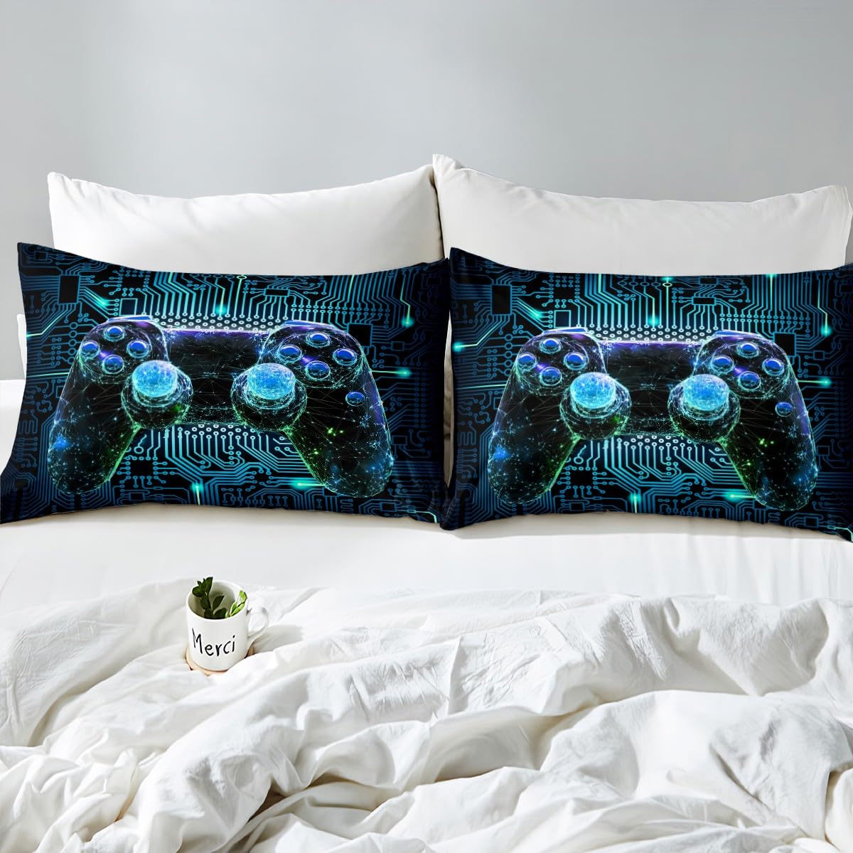 Blue Video Game Controller Twin Size Duvet Cover Set - Lightweight Soft Gaming Bedding for Kids & Boys - Gamepad Console Pattern Comforter Cover with Pillowcase - Perfect for Gamer Bedroom Decor & Teen Game Room Theme