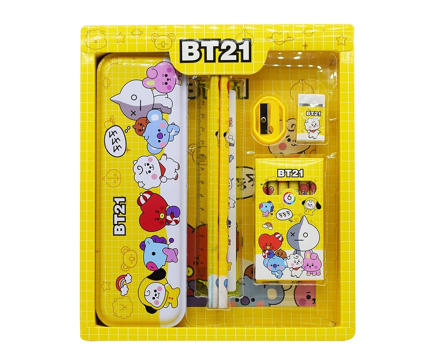 BT21 Cartoon Printed Stationery Kit for Kids - Pencils, Pens, Notebook, Eraser & Sharpener Set - School Supplies for Boys & Girls - Perfect for Back to School, Birthday Gifts & Study Organization