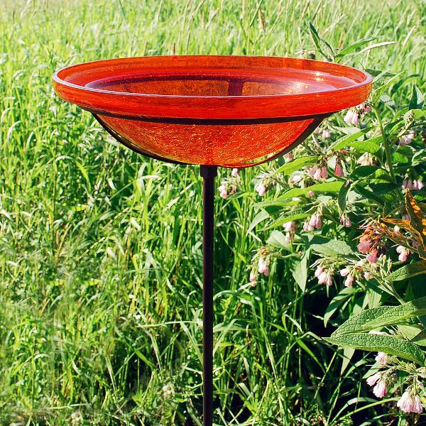 Handmade Mandarin Crackle Glass Birdbath Bowl - Outdoor Garden Decoration for Birds & Wildlife - Perfect for Patio, Yard & Backyard Bird Watching