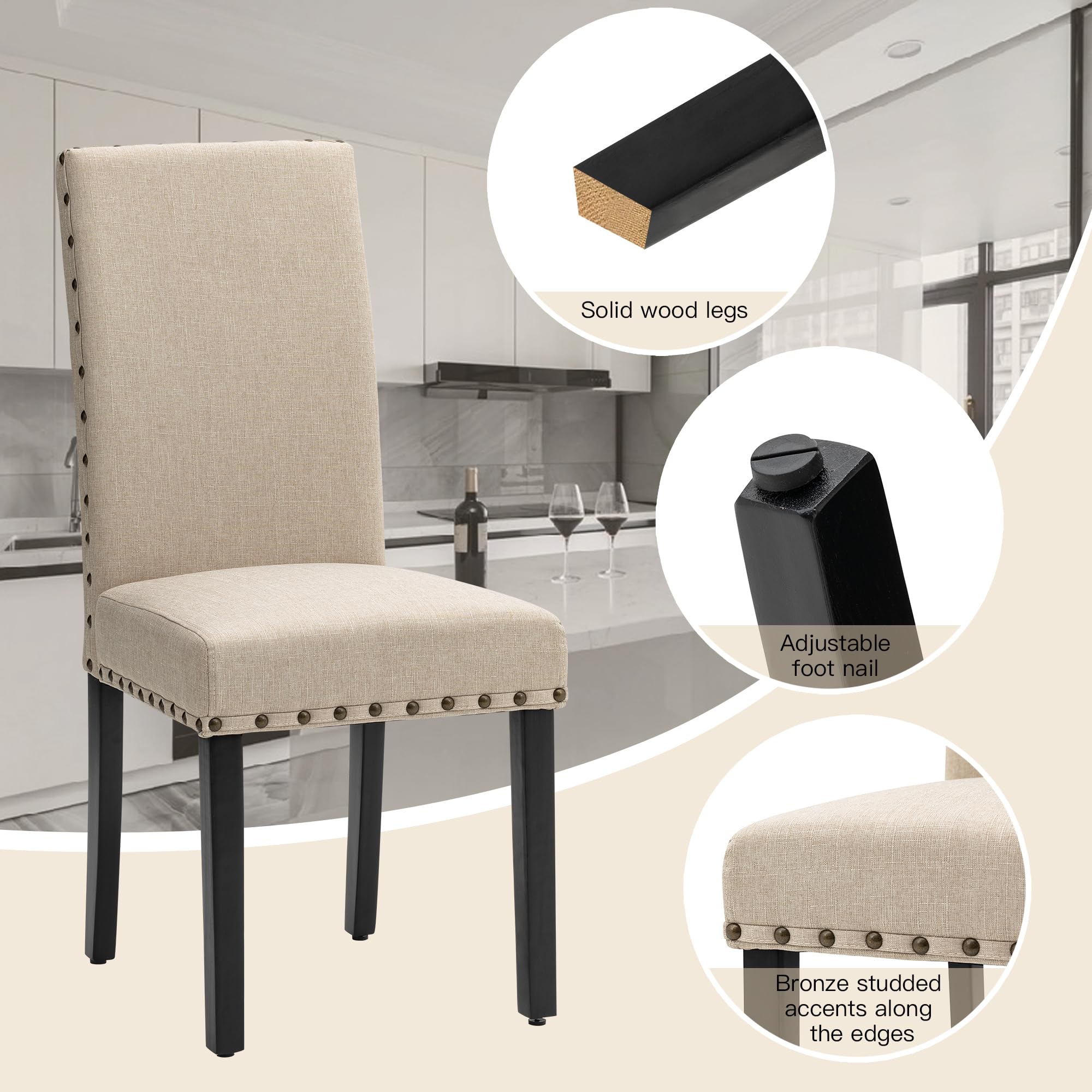 Glitzhome Set of 2 Upholstered Fabric Dining Chairs with Rubber Wood Legs, Beige - Modern Kitchen & Dining Room Furniture for Home Decor